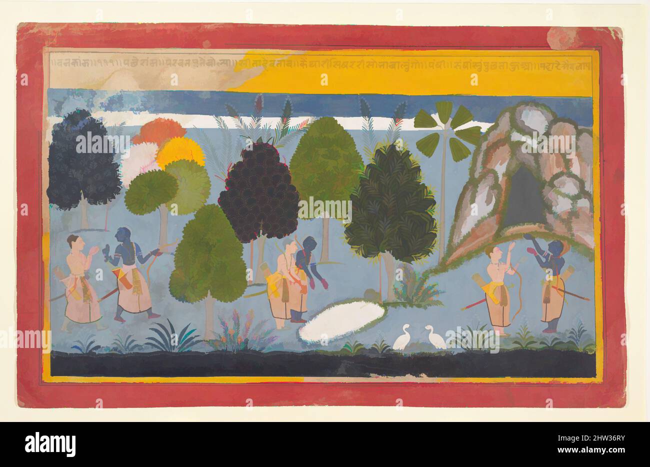 Kunst inspiriert von Rama und Lakshmana Suche vergeblich nach Sita, ca. 1680–90, Indien (Rajasthan, Mewar), Tinte und opakes Aquarell auf Papier, 10 1/4 × 16 1/4 Zoll (26 × 41,3 cm), Gemälde, „die Wälder, Hügel, Flüsse, Und Seen auf jeder Seite, die Hochebenen, Höhlen und Gipfel durchsuchend, Classic Works, die von Artotop mit einem Schuss Moderne modernisiert wurden. Formen, Farbe und Wert, auffällige visuelle Wirkung auf Kunst. Emotionen durch Freiheit von Kunstwerken auf zeitgemäße Weise. Eine zeitlose Botschaft, die eine wild kreative neue Richtung verfolgt. Künstler, die sich dem digitalen Medium zuwenden und die Artotop NFT erschaffen Stockfoto