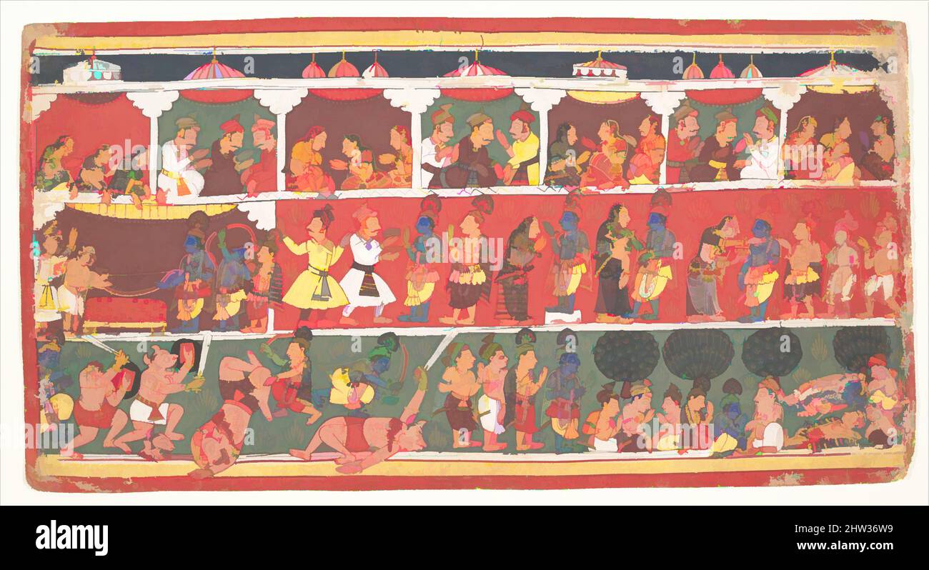 Kunst inspiriert von Begegnungen in Mathura: Seite aus einem zerstreuten Bhagavata Purana (Alte Geschichten von Lord Vishnu), ca. 1700, Indien (Madhya Pradesh, Malwa), Tinte und opakes Aquarell auf Papier, 7 9/16 x 14 3/16 Zoll (19,2 x 36 cm), Gemälde, in dieser Dreifach-Register-Szene, der Adel der, Klassischen Werke modernisiert von Artotop mit einem Schuss Moderne. Formen, Farbe und Wert, auffällige visuelle Wirkung auf Kunst. Emotionen durch Freiheit von Kunstwerken auf zeitgemäße Weise. Eine zeitlose Botschaft, die eine wild kreative neue Richtung verfolgt. Künstler, die sich dem digitalen Medium zuwenden und die Artotop NFT erschaffen Stockfoto