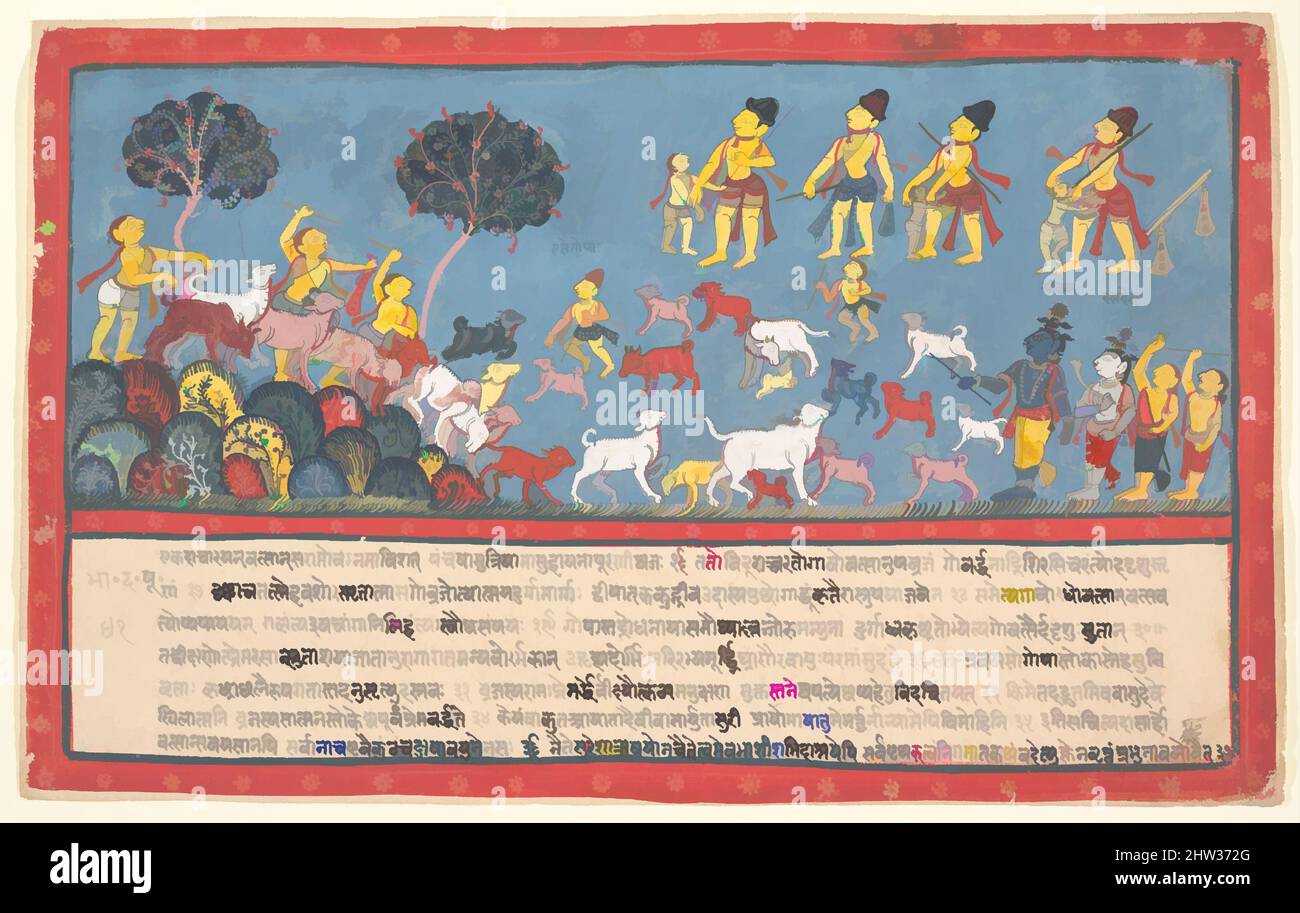 Kunst inspiriert von Krishna, Balarama und den Cowherders: Page from a Dispersed Bhagavata Purana (Ancient Stories of Lord Vishnu), 1800–1825, Indien (Orissa), Tinte und opakes Aquarell auf Papier, 9 5/8 x 15 1/4 Zoll (24,4 x 38,7 cm), Gemälde, Krishna und Balarama, rechts unten, schließen sich an, Klassisches Werk, das von Artotop mit einem Schuss Moderne modernisiert wurde. Formen, Farbe und Wert, auffällige visuelle Wirkung auf Kunst. Emotionen durch Freiheit von Kunstwerken auf zeitgemäße Weise. Eine zeitlose Botschaft, die eine wild kreative neue Richtung verfolgt. Künstler, die sich dem digitalen Medium zuwenden und die Artotop NFT erschaffen Stockfoto