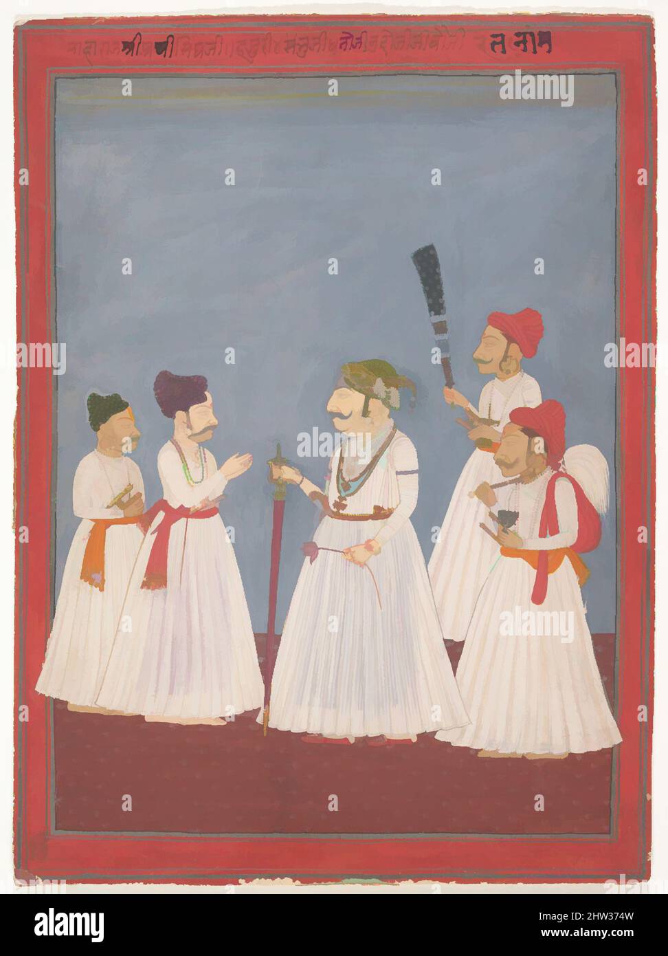 Kunst inspiriert von Prince mit vier Begleitern, Ende 18.–Anfang 19. Jahrhundert, Indien (Rajasthan), Tinte und opakes Aquarell auf Papier, insgesamt: 11 9/16 x 8 9/16 Zoll (29,4 x 21,8cm), Gemälde, Sri Prathi Singh von Ratlam (indische, klassische Werke, die von Artotop mit einem Schuss Moderne modernisiert wurden. Formen, Farbe und Wert, auffällige visuelle Wirkung auf Kunst. Emotionen durch Freiheit von Kunstwerken auf zeitgemäße Weise. Eine zeitlose Botschaft, die eine wild kreative neue Richtung verfolgt. Künstler, die sich dem digitalen Medium zuwenden und die Artotop NFT erschaffen Stockfoto