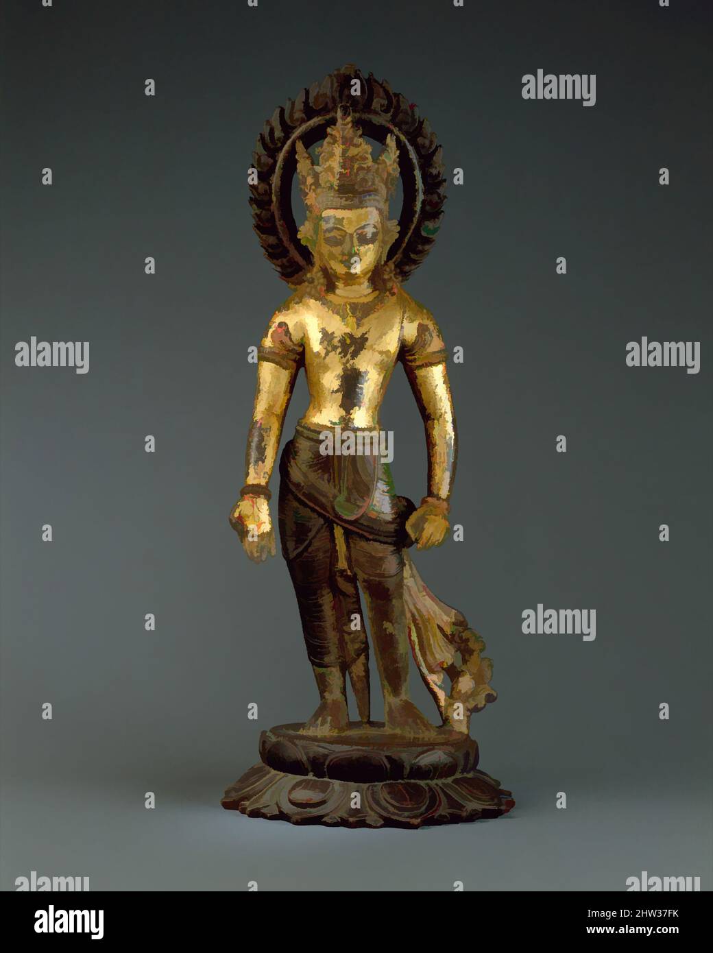 Kunst inspiriert von Avalokiteshvara, dem Bodhisattva des Unendlichen Mitgefühls, Thakuri-Zeit, 10.. Jahrhundert, Nepal (Kathmandu-Tal), H. 12 Zoll (30,5 cm); B: 4 3/4 Zoll (12,1 cm); D. 4 5/8 Zoll (11,7 cm); Gewicht 5 lbs (2,3 kg), Skulptur, die Verkörperung des buddhistischen Mitgefühls, Klassisches Werk, das von Artotop mit einem Schuss Moderne modernisiert wurde. Formen, Farbe und Wert, auffällige visuelle Wirkung auf Kunst. Emotionen durch Freiheit von Kunstwerken auf zeitgemäße Weise. Eine zeitlose Botschaft, die eine wild kreative neue Richtung verfolgt. Künstler, die sich dem digitalen Medium zuwenden und die Artotop NFT erschaffen Stockfoto