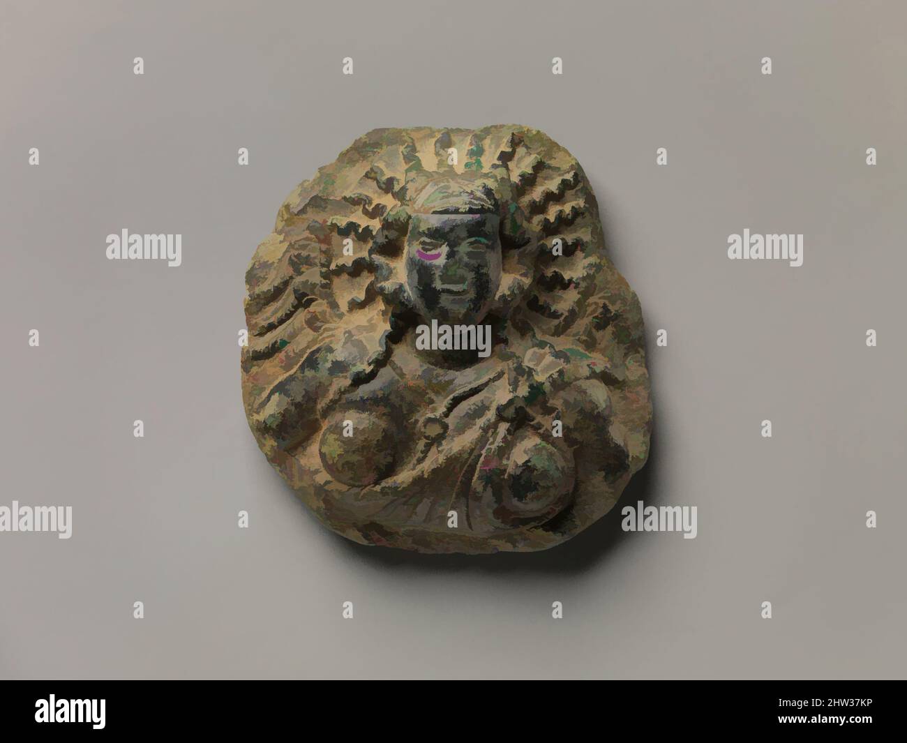 Kunst inspiriert von Roundel mit einer geflügelten weiblichen Gottheit, 1.–2. Jahrhundert, Pakistan (alte Region von Gandhara), Schist, Diam. 3 3/16 Zoll (8,1 cm), Skulptur, Klassisches von Artotop modernisiertes Werk mit einem Schuss Moderne. Formen, Farbe und Wert, auffällige visuelle Wirkung auf Kunst. Emotionen durch Freiheit von Kunstwerken auf zeitgemäße Weise. Eine zeitlose Botschaft, die eine wild kreative neue Richtung verfolgt. Künstler, die sich dem digitalen Medium zuwenden und die Artotop NFT erschaffen Stockfoto