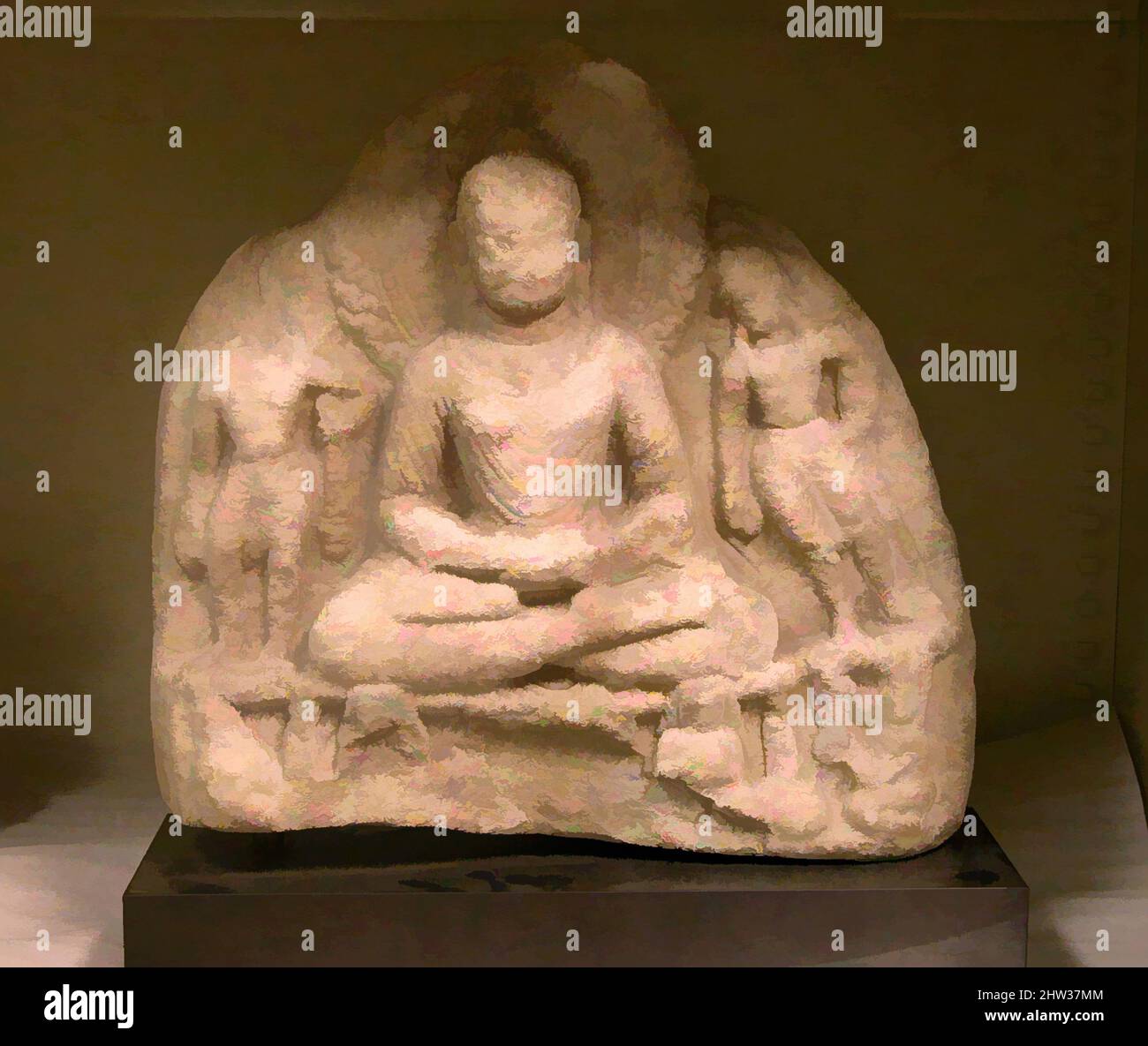 Kunst inspiriert durch den meditierenden Buddha, besucht von zwei Bodhisattvas, 7.–8. Jahrhundert, Pakistan (Swat-Tal), Marmor, H. 22 1/4 Zoll (56,5 cm); B: 22 3/4 Zoll (57,8 cm); D. 5 Zoll (12,7 cm), Skulptur, der Buddha sitzt in einer Meditationshaltung (dhyana mudra), wobei sein Kopf von einem flammenden, von Artotop modernisierten klassischen Werk mit einem Schuss Moderne eingerahmt wird. Formen, Farbe und Wert, auffällige visuelle Wirkung auf Kunst. Emotionen durch Freiheit von Kunstwerken auf zeitgemäße Weise. Eine zeitlose Botschaft, die eine wild kreative neue Richtung verfolgt. Künstler, die sich dem digitalen Medium zuwenden und die Artotop NFT erschaffen Stockfoto
