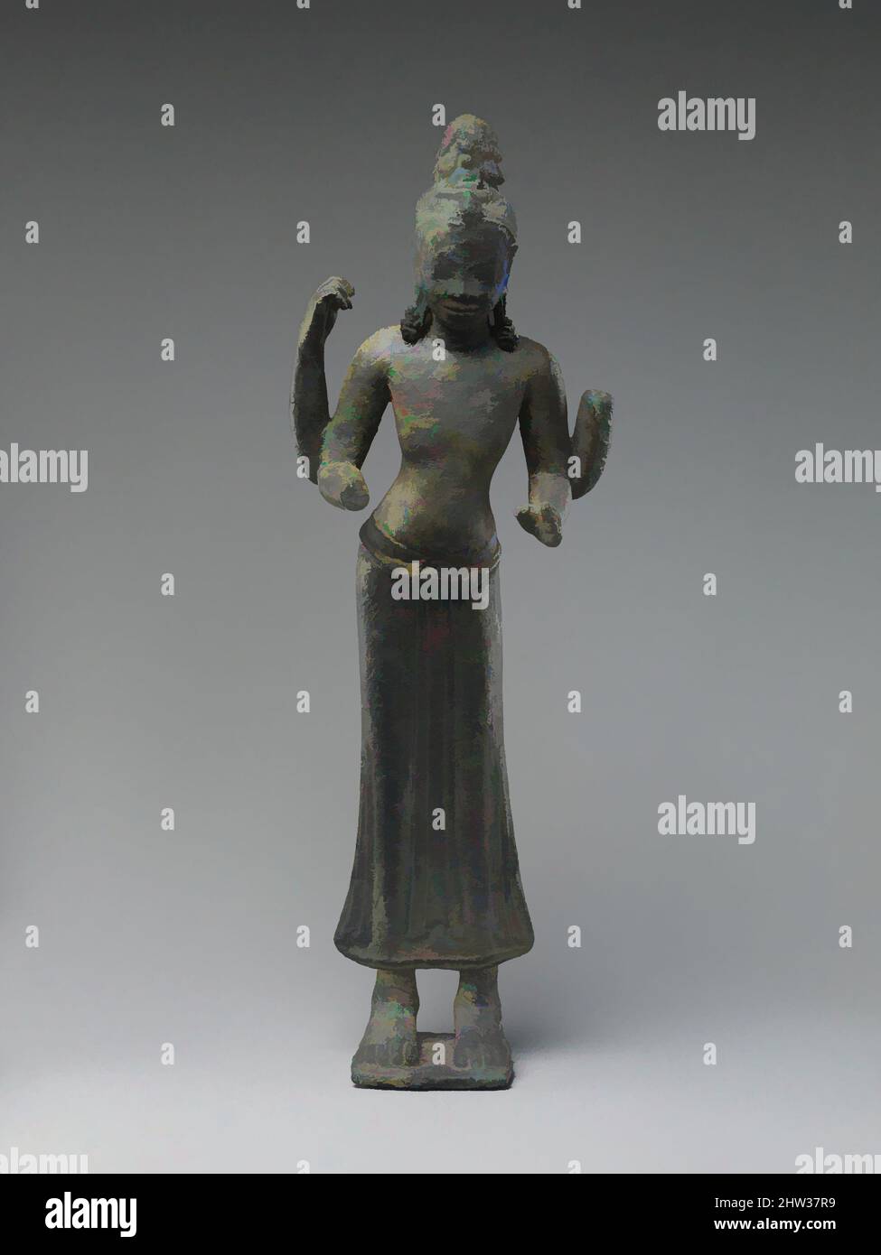 Kunst inspiriert von Avalokiteshvara, dem Bodhisattva des Unendlichen Mitgefühls, 7.–8. Jahrhundert, Halbinsel Thailand, Bronze, H. 9 7/8 Zoll (25,2cm), Skulptur, Avalokiteshvara, der Bodhisattva des Unendlichen Mitgefühls, wird durch das sitzende Bild von Amitabha, dem Buddha der klassischen Werke, die von Artotop mit einem Schuss Moderne modernisiert wurden, identifiziert. Formen, Farbe und Wert, auffällige visuelle Wirkung auf Kunst. Emotionen durch Freiheit von Kunstwerken auf zeitgemäße Weise. Eine zeitlose Botschaft, die eine wild kreative neue Richtung verfolgt. Künstler, die sich dem digitalen Medium zuwenden und die Artotop NFT erschaffen Stockfoto