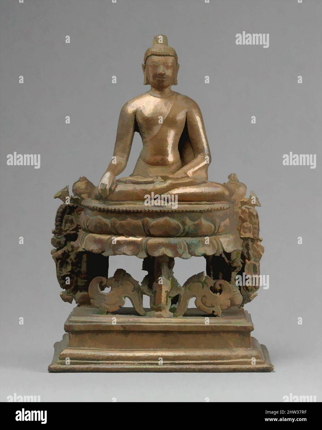 Kunst inspiriert von dem Lotus-thronenden Buddha Akshobhya, dem transzendenten Buddha, Pala-Zeit, 8.–Anfang des 9.. Jahrhunderts, Bangladesch (Comilla District), Bronze, H. 7 15/16 Zoll (20,2 cm); B: 5 1/4 Zoll (13,4 cm), Skulptur, Akshobhya ist einer der fünf transzendenten Buddhas des esoterischen Buddhismus, klassische Werke, die von Artotop mit einem Schuss Moderne modernisiert wurden. Formen, Farbe und Wert, auffällige visuelle Wirkung auf Kunst. Emotionen durch Freiheit von Kunstwerken auf zeitgemäße Weise. Eine zeitlose Botschaft, die eine wild kreative neue Richtung verfolgt. Künstler, die sich dem digitalen Medium zuwenden und die Artotop NFT erschaffen Stockfoto