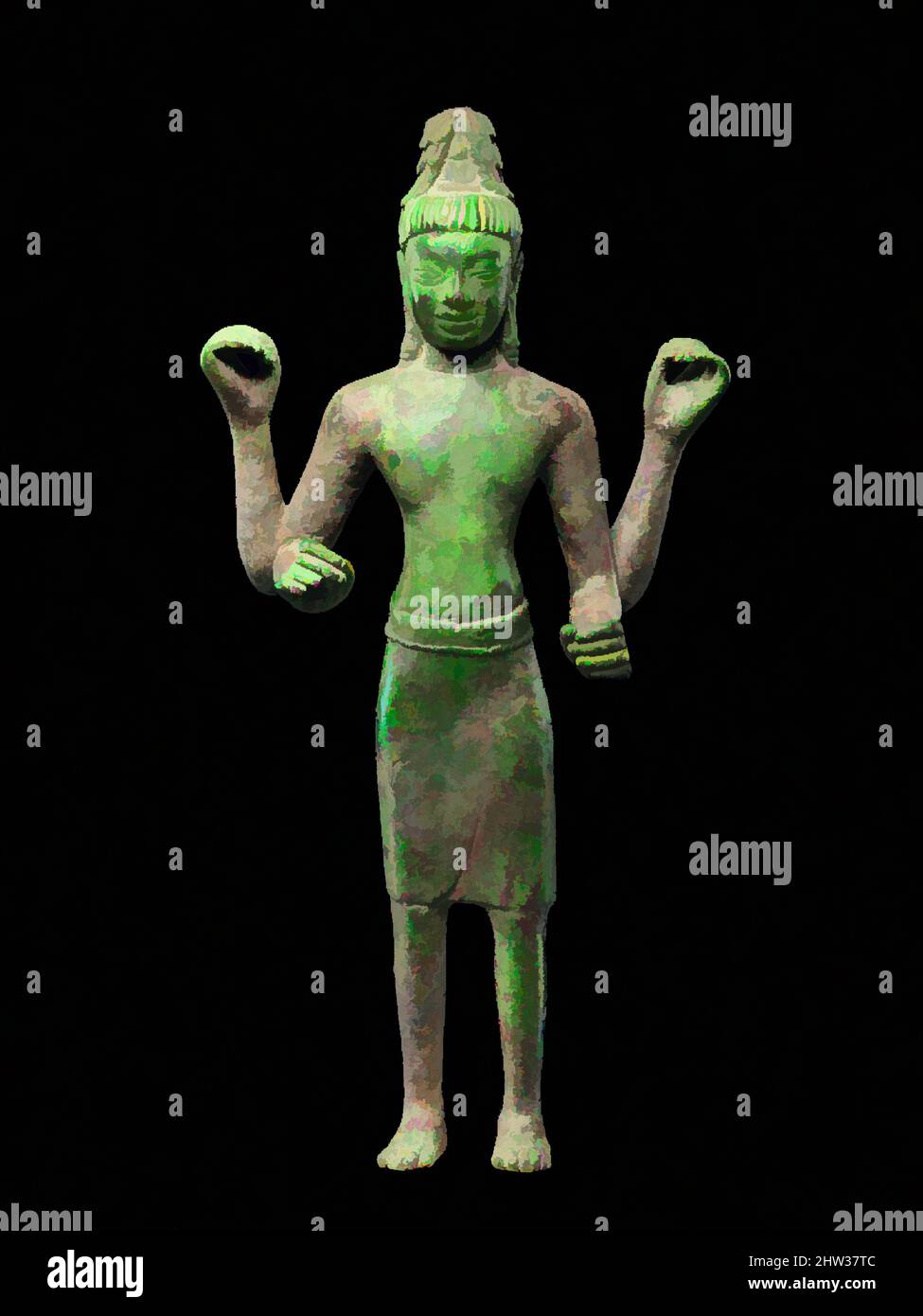 Kunst inspiriert von Bodhisattva Avaolkiteshvara, vor Angkor, zweite Hälfte des 7..–frühen 8.. Jahrhunderts, Westkambodschan, Kupferlegierung, H. 13 3/4 Zoll (34,9 cm); B: 6 3/4 Zoll (17,1 cm); D. 2 7/8 Zoll (7,3 cm); Gewicht geschätzt 6 lbs (2,7 kg), Skulptur, Diese vierarmige Avalokiteshvara erzählt, Klassische Werke von Artotop mit einem Schuss Moderne modernisiert. Formen, Farbe und Wert, auffällige visuelle Wirkung auf Kunst. Emotionen durch Freiheit von Kunstwerken auf zeitgemäße Weise. Eine zeitlose Botschaft, die eine wild kreative neue Richtung verfolgt. Künstler, die sich dem digitalen Medium zuwenden und die Artotop NFT erschaffen Stockfoto