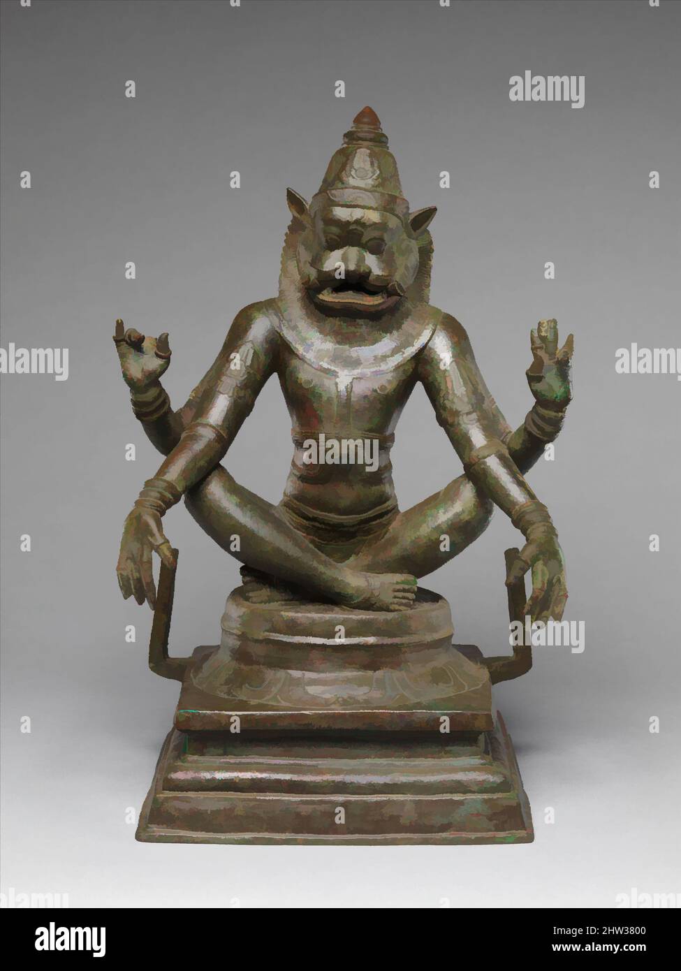 Kunst inspiriert von Yoga Narasimha, Vishnus Mensch-Löwe-Menschwerdung, Chola-Periode (880–1279), 12. Jahrhundert, Indien (Tamil Nadu), Kupferlegierung, H. 18 3/4 (47,6 cm); W. 13 Zoll (33 cm); D. 9 1/2 Zoll (24,1 cm), Skulptur, Narasimha war ein Avatar von Vishnu, der auf der Erde erschien, um das Böse zu töten, Klassische Werke, die von Artotop mit einem Schuss Moderne modernisiert wurden. Formen, Farbe und Wert, auffällige visuelle Wirkung auf Kunst. Emotionen durch Freiheit von Kunstwerken auf zeitgemäße Weise. Eine zeitlose Botschaft, die eine wild kreative neue Richtung verfolgt. Künstler, die sich dem digitalen Medium zuwenden und die Artotop NFT erschaffen Stockfoto