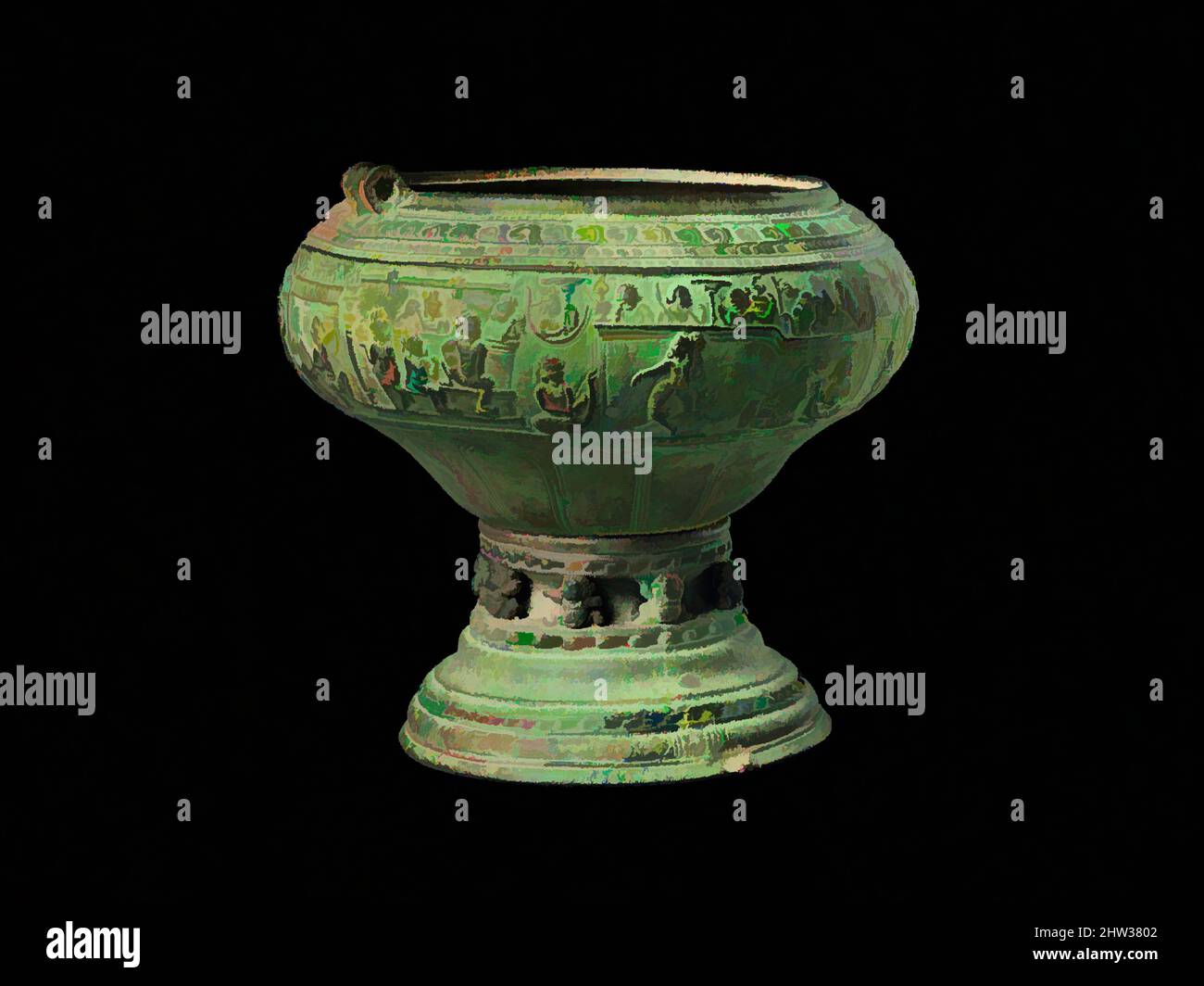 Kunst inspiriert von Footed Bowl mit Szenen aus dem Gauttila Jataka, ca. 5.–6. Jahrhundert, Südindien, wahrscheinlich Andhra Pradesh, Kupferlegierung, H. 8 1/4 Zoll (21 cm); Durchm. 8 3/4 Zoll (22,2 cm); Gewicht geschätzt 6 lbs (2,7 kg), Metallarbeiten, Dieses Schiff ist von großer Bedeutung, nicht nur für die nahe, Classic Works, die von Artotop mit einem Schuss Moderne modernisiert wurden. Formen, Farbe und Wert, auffällige visuelle Wirkung auf Kunst. Emotionen durch Freiheit von Kunstwerken auf zeitgemäße Weise. Eine zeitlose Botschaft, die eine wild kreative neue Richtung verfolgt. Künstler, die sich dem digitalen Medium zuwenden und die Artotop NFT erschaffen Stockfoto