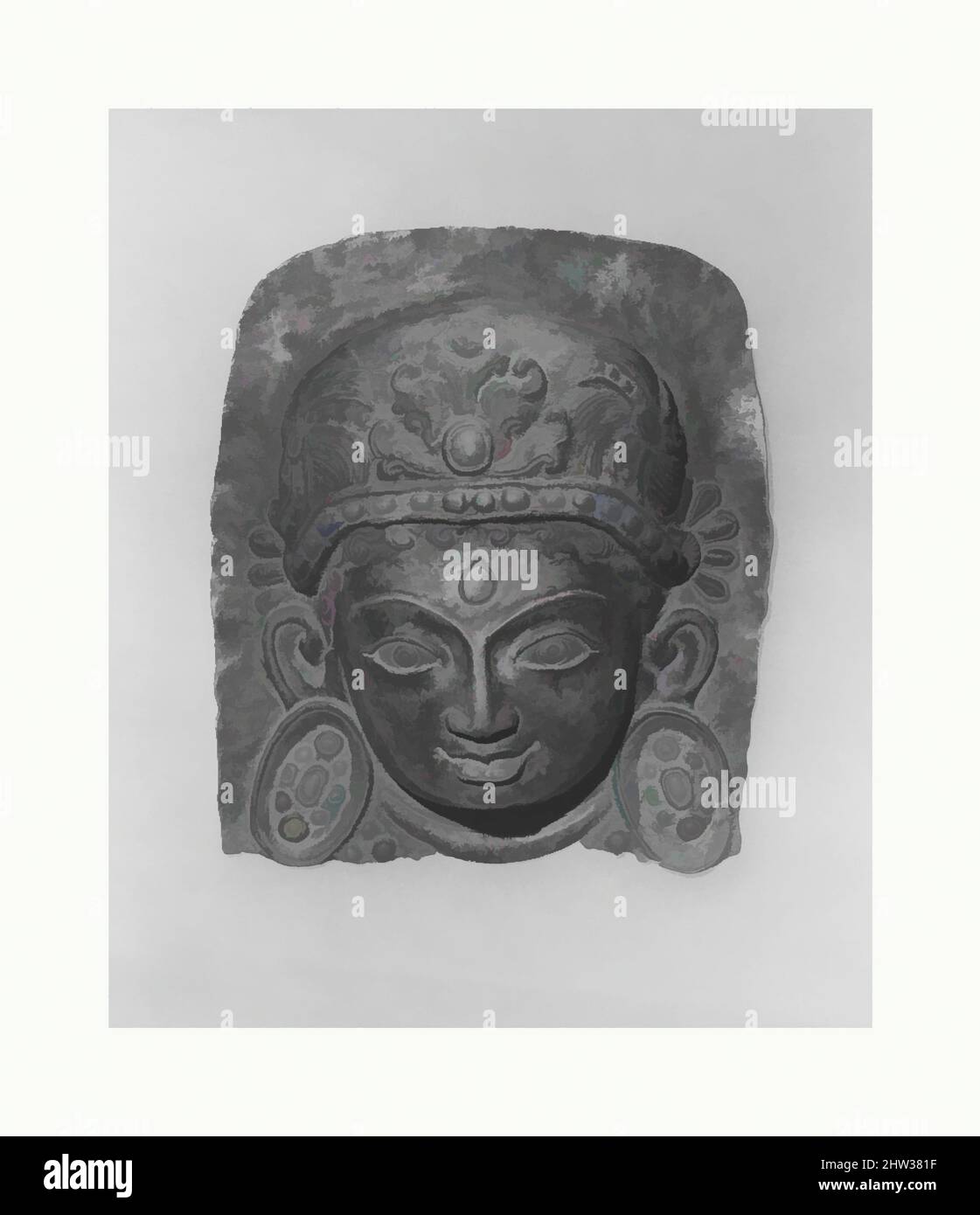 Kunst inspiriert von Relief-Plakette der Hindu-Gottheit, wahrscheinlich Prozession: Gesicht einer Gottheit, wahrscheinlich 14.–16. Jahrhundert, Nepal (Kathmandu-Tal), Kupferlegierung mit Repussé, H. 5 9/16 Zoll (14,2 cm); 4 15/16 Zoll (12,5 cm), Metallarbeiten, diese "Masken" waren wahrscheinlich für die Schaffung von, Classic Works, die von Artotop mit einem Schuss Moderne modernisiert wurden, gedacht. Formen, Farbe und Wert, auffällige visuelle Wirkung auf Kunst. Emotionen durch Freiheit von Kunstwerken auf zeitgemäße Weise. Eine zeitlose Botschaft, die eine wild kreative neue Richtung verfolgt. Künstler, die sich dem digitalen Medium zuwenden und die Artotop NFT erschaffen Stockfoto