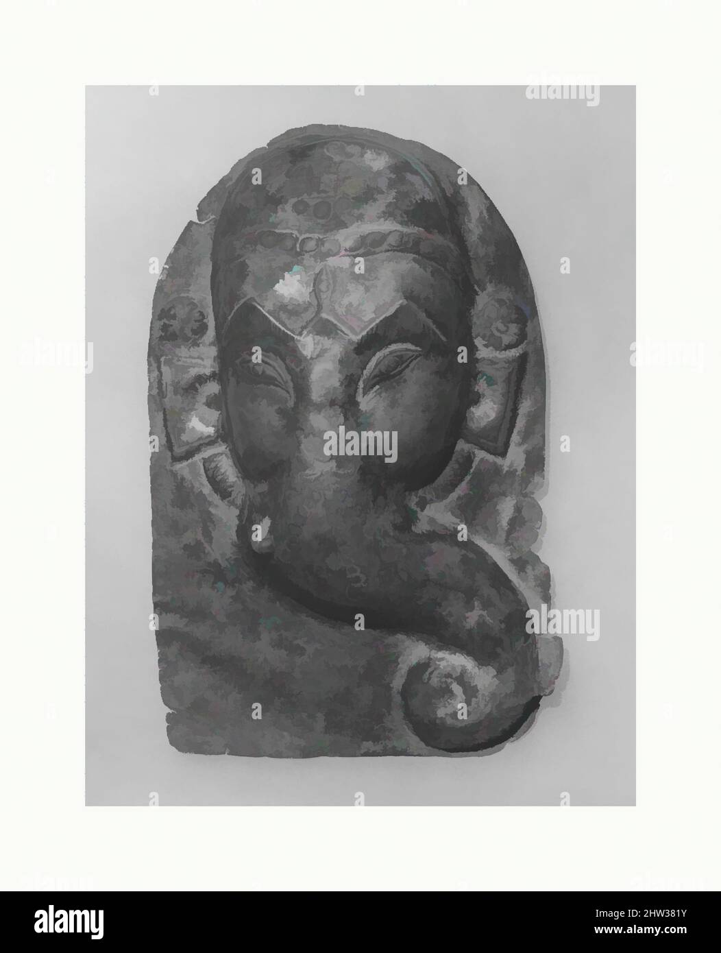 Kunst inspiriert von Relief-Plakette der Hindu-Gottheit, wahrscheinlich Prozession: Gesicht von Ganesha, wahrscheinlich 14.–16. Jahrhundert, Nepal (Kathmandu-Tal), Kupferlegierung mit Repussé, H. 7 13/16 Zoll (19,9 cm); B: 4 15/16 Zoll (12,5 cm), Metallarbeiten, diese "Masken" waren wahrscheinlich für den Einsatz in der Kreation gedacht, Classic Works modernisiert von Artotop mit einem Schuss Moderne. Formen, Farbe und Wert, auffällige visuelle Wirkung auf Kunst. Emotionen durch Freiheit von Kunstwerken auf zeitgemäße Weise. Eine zeitlose Botschaft, die eine wild kreative neue Richtung verfolgt. Künstler, die sich dem digitalen Medium zuwenden und die Artotop NFT erschaffen Stockfoto
