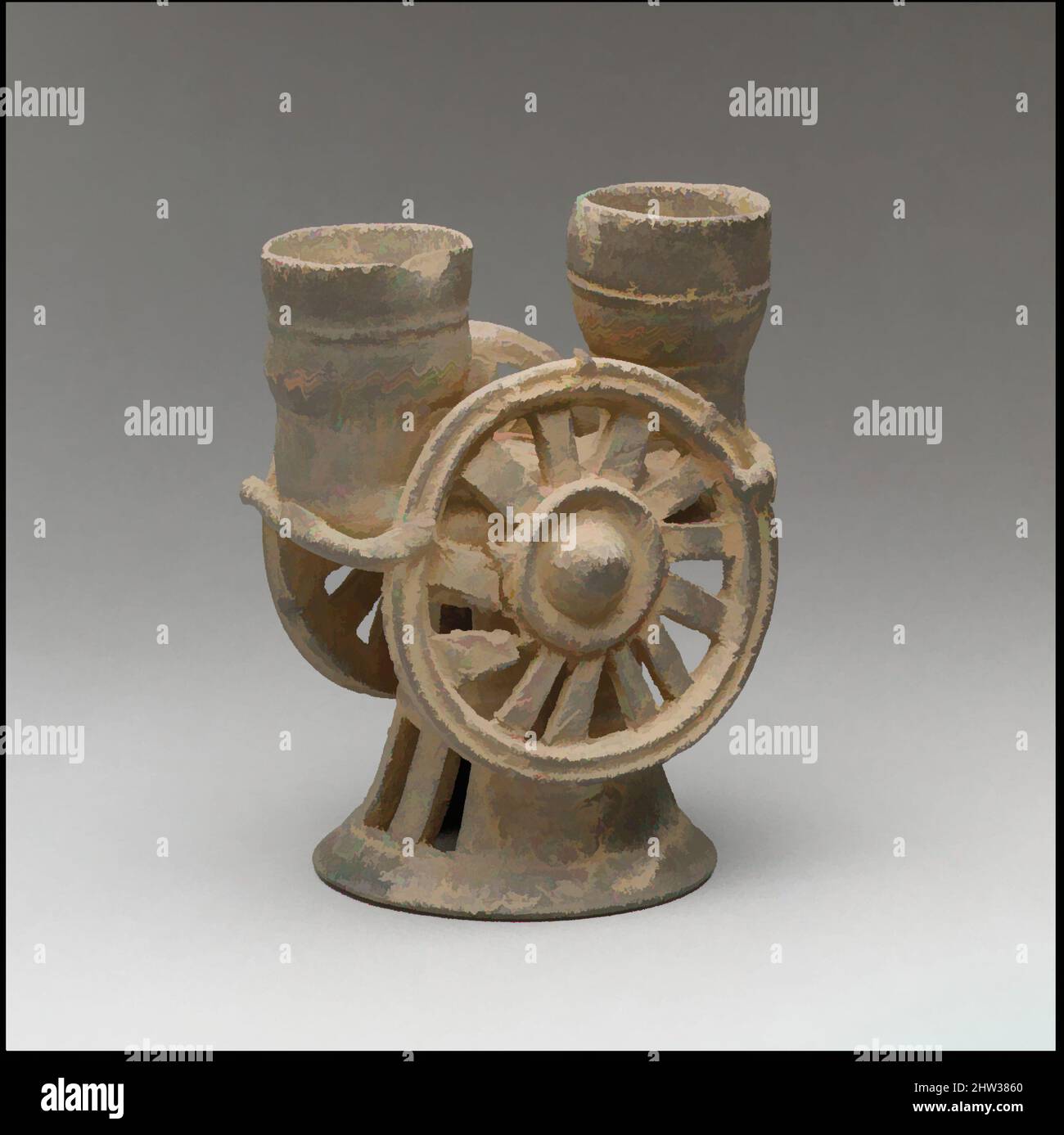 Kunst inspiriert von 수레 바퀴 모양 잔 가야, 車輪飾土器 伽倻, Chariot-Becher in Form eines Rades, drei Königreiche, Gaya Federation (42–562), 5. Century, Korea, Steinzeug mit beiläufiger Eschenglasur, H. 6 1/4 Zoll (15,9 cm), Keramik, unverwechselbare skulpturale Keramik wie dieses Stück, das sowohl technische, klassische Werke, die von Artotop mit einem Schuss Moderne modernisiert wurden, zeigt. Formen, Farbe und Wert, auffällige visuelle Wirkung auf Kunst. Emotionen durch Freiheit von Kunstwerken auf zeitgemäße Weise. Eine zeitlose Botschaft, die eine wild kreative neue Richtung verfolgt. Künstler, die sich dem digitalen Medium zuwenden und die Artotop NFT erschaffen Stockfoto