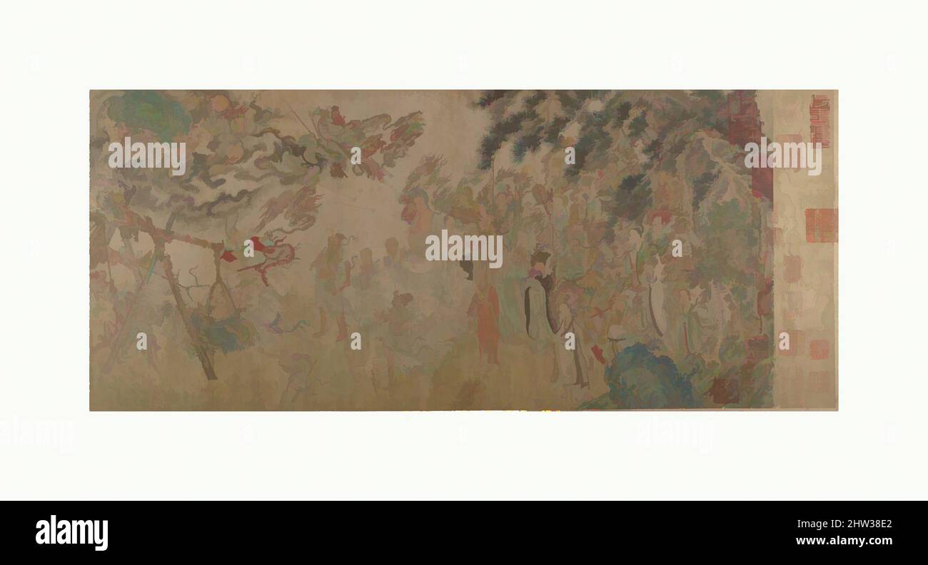 Kunst, inspiriert durch die Anhebung der Alms-Schale: Die Bekehrung der Hariti, Qing-Dynastie (1644–1911), 18. Jahrhundert oder später, China, Handscroll; Tinte und Farbe auf goldenem Papier, 10 3/4 x 41 3/4 Zoll (27,3 x 106 cm), Gemälde, nicht identifizierter Künstler Chinesisch, ehemals Zhao Boju zugeschrieben (Chinesisch, Klassisches Werk, das von Artotop mit einem Schuss Moderne modernisiert wurde. Formen, Farbe und Wert, auffällige visuelle Wirkung auf Kunst. Emotionen durch Freiheit von Kunstwerken auf zeitgemäße Weise. Eine zeitlose Botschaft, die eine wild kreative neue Richtung verfolgt. Künstler, die sich dem digitalen Medium zuwenden und die Artotop NFT erschaffen Stockfoto