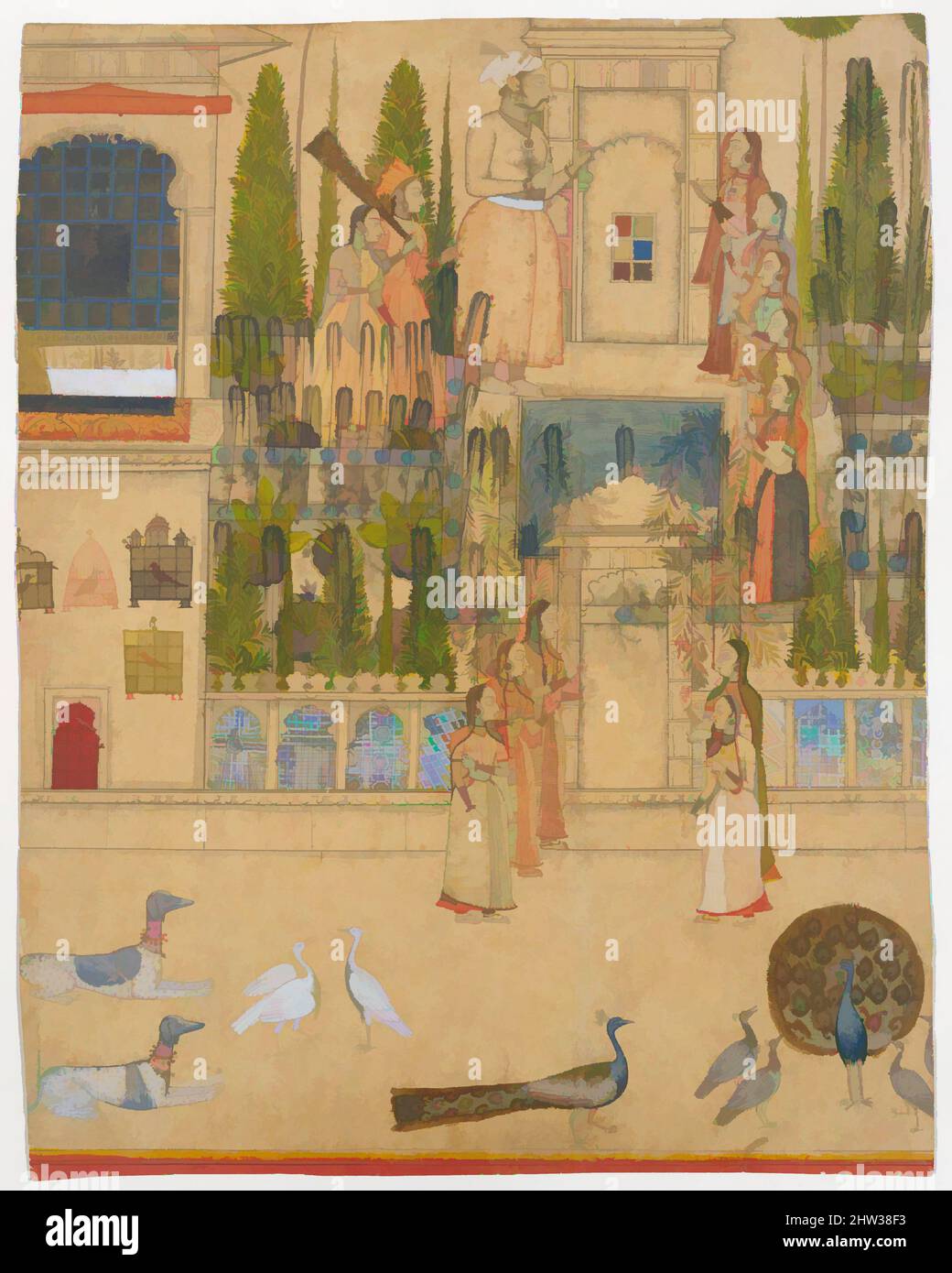 Kunst inspiriert von Maharana Amar Singh II mit Damen der Zenana vor der Picture Hall in Rajnagar, ca. 1707–8, Indien (Udaipur, Rajasthan), blickdichtes Aquarell, Tinte und Gold auf Papier, Seite: 18 7/8 x 14 7/8 Zoll (47,9 x 37,8 cm), Gemälde, die Stipple Master zugeschrieben werden (indische, aktive, klassische Werke, die von Artotop mit einem Schuss Moderne modernisiert wurden. Formen, Farbe und Wert, auffällige visuelle Wirkung auf Kunst. Emotionen durch Freiheit von Kunstwerken auf zeitgemäße Weise. Eine zeitlose Botschaft, die eine wild kreative neue Richtung verfolgt. Künstler, die sich dem digitalen Medium zuwenden und die Artotop NFT erschaffen Stockfoto