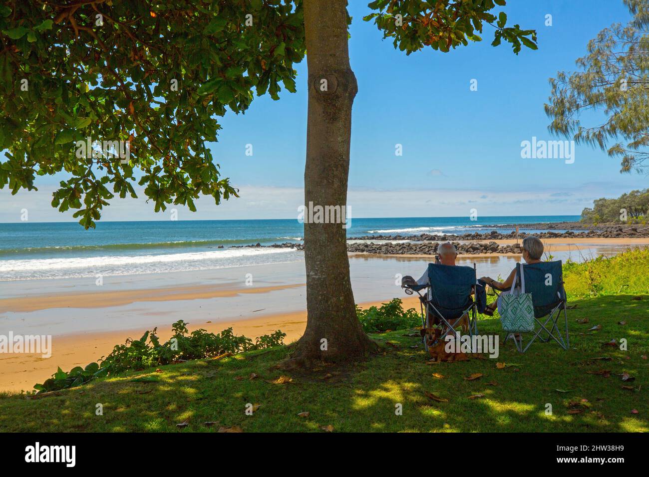 Ein älteres Paar mit Hund sitzt unter einem schattigen Baum am Strand und am blauen Wasser des Pazifischen Ozeans in Bargara Australia Stockfoto