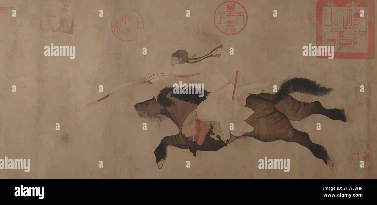 Kunst inspiriert von 北宋/金 傳黃宗道 舊傳李贊華 獵鹿圖 卷, Stag Hunt, Northern Song (960–1127) oder Jin (1115–1234) Dynastie, China, Handscroll; Tinte und Farbe auf Papier, Bild: 9 11/16 × 31 1/16 Zoll (24,6 × 78,9 cm), Gemälde, zugeschrieben Huang Zongdao (Chinesisch, aktiv ca. 1120), ehemals Li zugeschrieben, Klassisches Werk, das von Artotop mit einem Schuss Moderne modernisiert wurde. Formen, Farbe und Wert, auffällige visuelle Wirkung auf Kunst. Emotionen durch Freiheit von Kunstwerken auf zeitgemäße Weise. Eine zeitlose Botschaft, die eine wild kreative neue Richtung verfolgt. Künstler, die sich dem digitalen Medium zuwenden und die Artotop NFT erschaffen Stockfoto