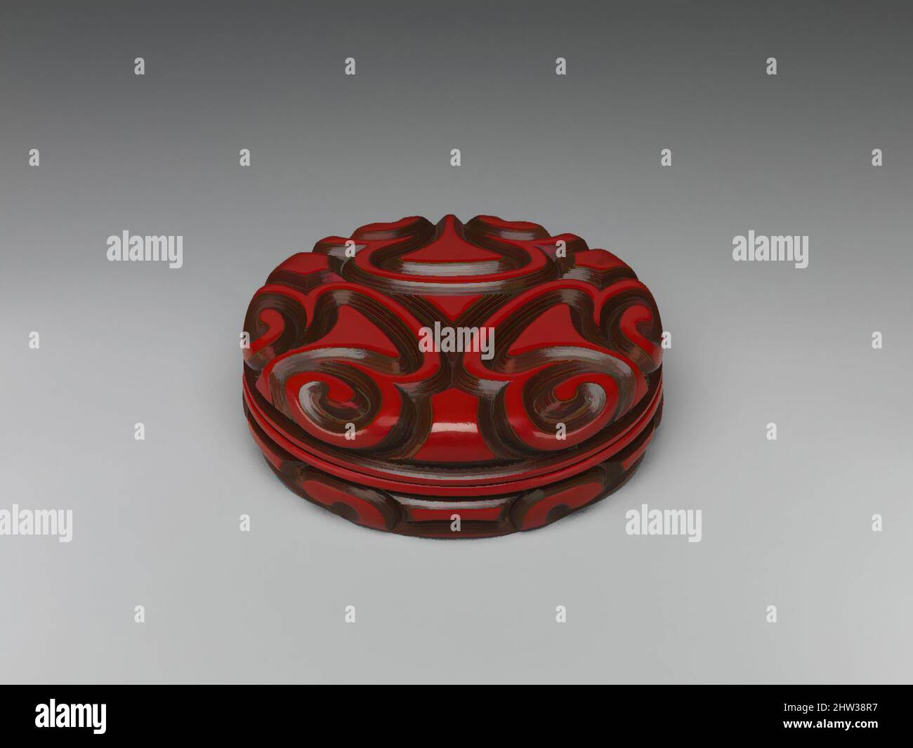 Kunst inspiriert von 南宋/元 剔犀劍環紋香盒, Räucherkasten mit Pommel-Scroll-Design, Southern Song (1127–1279)–Yuan (1271–1368) Dynastie, 13.–14. Jahrhundert, China, geschnitzter Polychromlack, H. 1 3/8 Zoll (3,6 cm); Durchm. 4 Zoll (10 cm), Lack, Dieses Design ist allgemein bekannt als die "Knauf-Rolle, Classic Works modernisiert von Artotop mit einem Schuss Moderne. Formen, Farbe und Wert, auffällige visuelle Wirkung auf Kunst. Emotionen durch Freiheit von Kunstwerken auf zeitgemäße Weise. Eine zeitlose Botschaft, die eine wild kreative neue Richtung verfolgt. Künstler, die sich dem digitalen Medium zuwenden und die Artotop NFT erschaffen Stockfoto