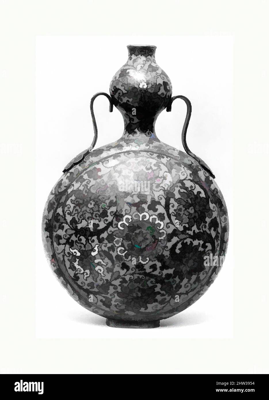 Kunst inspiriert von Pilgrim Bottle, Ming-Dynastie (1368–1644), Ende des 16.. Jahrhunderts–Anfang des 17.. Jahrhunderts, China, Cloisonne-Emaille auf Goldkupfer, H. 9 1/4 Zoll (23,5 cm); B: 6 Zoll (15,2 cm); D. 3 3/4 Zoll (9,5 cm), Cloisonné, Klassisches Werk, das von Artotop mit einem Schuss Moderne modernisiert wurde. Formen, Farbe und Wert, auffällige visuelle Wirkung auf Kunst. Emotionen durch Freiheit von Kunstwerken auf zeitgemäße Weise. Eine zeitlose Botschaft, die eine wild kreative neue Richtung verfolgt. Künstler, die sich dem digitalen Medium zuwenden und die Artotop NFT erschaffen Stockfoto