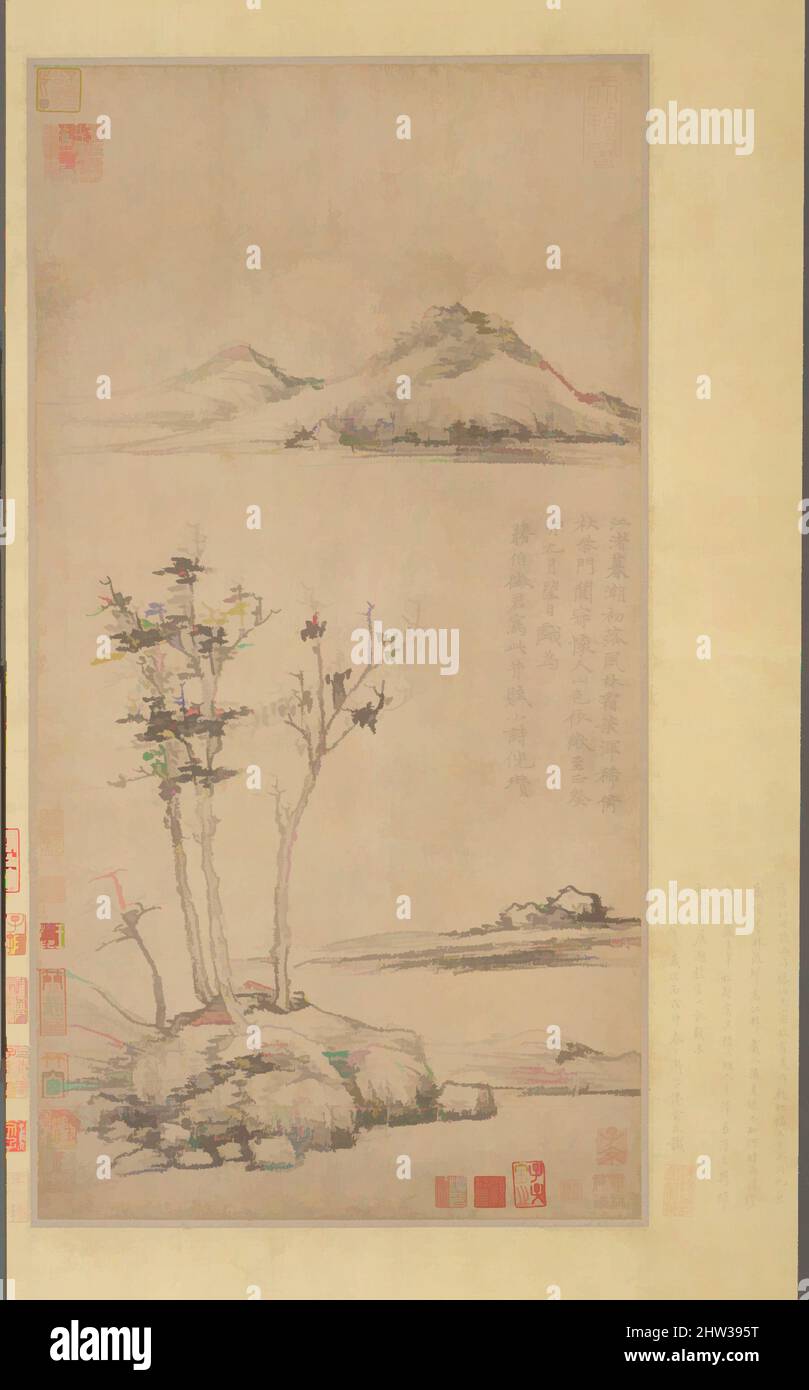Von 元 倪瓚 江渚風林圖 軸 inspirierte Kunst, Wind unter den Bäumen am Flussufer, Yuan-Dynastie (1271–1368), datiert 1363, China, hängende Schriftrolle; Tinte auf Papier, Bild: 23 1/4 x 12 1/4 Zoll (59,1 x 31,1 cm), Gemälde, Ni Zan (Chinesisch, 1306–1374), zwischen 1356 und 1366 führte Ni Zan das Leben eines Flüchtlings, Klassische Werke, die von Artotop mit einem Schuss Moderne modernisiert wurden. Formen, Farbe und Wert, auffällige visuelle Wirkung auf Kunst. Emotionen durch Freiheit von Kunstwerken auf zeitgemäße Weise. Eine zeitlose Botschaft, die eine wild kreative neue Richtung verfolgt. Künstler, die sich dem digitalen Medium zuwenden und die Artotop NFT erschaffen Stockfoto