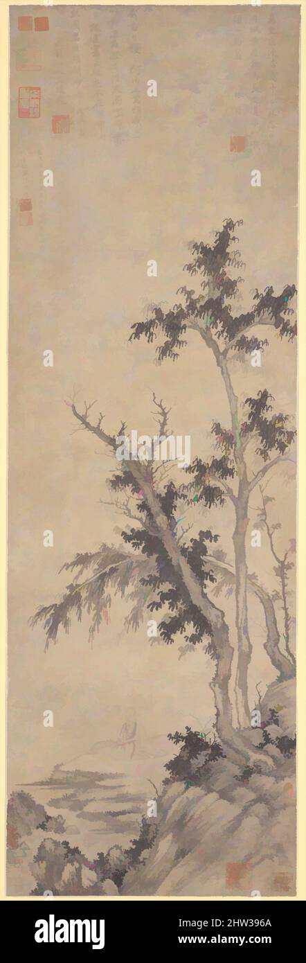 Kunst inspiriert von 元 盛懋 秋林漁隱圖 軸, Einsiedlerfischen von Herbstbäumen, Yuan-Dynastie (1271–1368), datiert 1350, China, hängende Schriftrolle; Tinte auf Papier, Bild: 40 3/8 x 13 1/8 Zoll (102,6 x 33,3 cm), Gemälde, Sheng Mou (Chinesisch, aktiv ca. 1310–1360), Sheng Mous Karriere als erfolgreicher Profi, Klassisches Werk, das von Artotop mit einem Schuss Moderne modernisiert wurde. Formen, Farbe und Wert, auffällige visuelle Wirkung auf Kunst. Emotionen durch Freiheit von Kunstwerken auf zeitgemäße Weise. Eine zeitlose Botschaft, die eine wild kreative neue Richtung verfolgt. Künstler, die sich dem digitalen Medium zuwenden und die Artotop NFT erschaffen Stockfoto