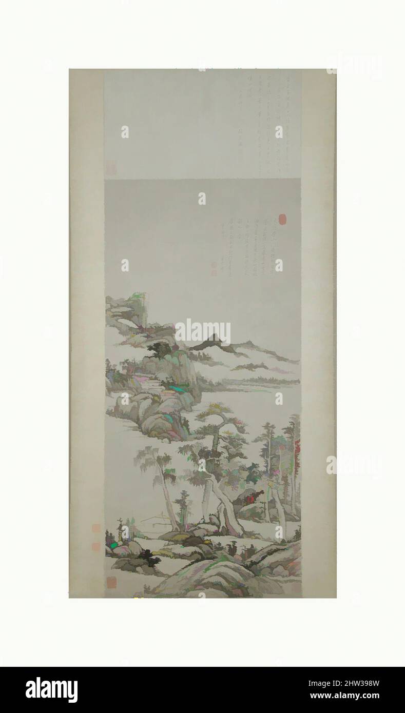 Von 清 王原祁 倣黃公望高克恭山水圖 軸 inspirierte Kunst, Landschaft im Stil von Huang Gongwang und Gao Kegong, Qing-Dynastie (1644–1911), datiert 1705, China, hängende Schriftrolle; Tinte auf Papier, Bild: 45 1/8 x 21 1/4 Zoll (114,6 x 54 cm), Gemälde, Wang Yuanqi (chinesisch, 1642–1715), das jüngste der „vier“, von Artotop modernisierten klassischen Werke mit einem Schuss Moderne. Formen, Farbe und Wert, auffällige visuelle Wirkung auf Kunst. Emotionen durch Freiheit von Kunstwerken auf zeitgemäße Weise. Eine zeitlose Botschaft, die eine wild kreative neue Richtung verfolgt. Künstler, die sich dem digitalen Medium zuwenden und die Artotop NFT erschaffen Stockfoto