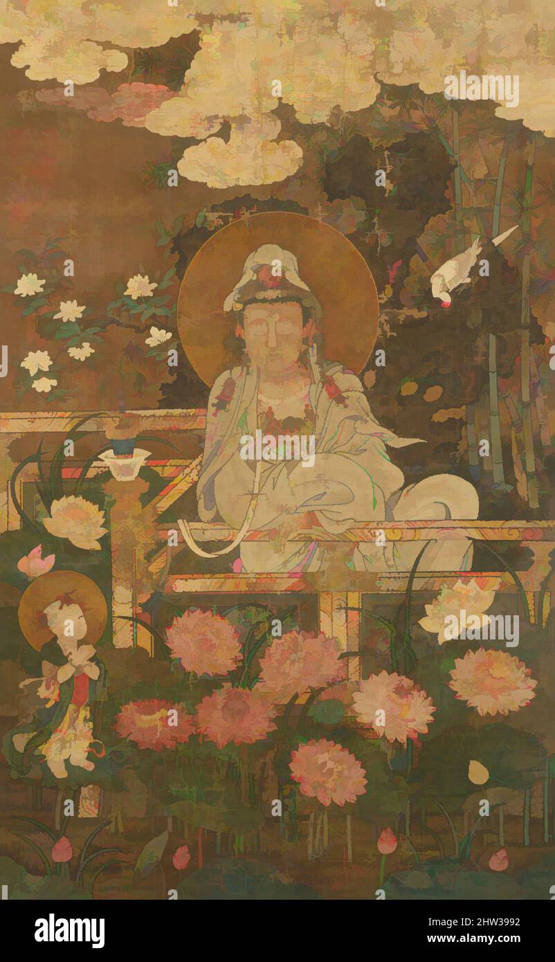 Kunst, inspiriert von Guanyin als der Nine-Lotus Bodhisattva, 九蓮観音菩薩像, Ming-Dynastie (1368–1644), 1593, China, Hängende Schriftrolle; Tinte und Farbe auf Seide, Bild: 72 3/8 × 44 1/8 Zoll (183,8 × 112,1 cm), Gemälde, nicht identifizierte Künstler Chinesisch, Ende des 16.. Jahrhunderts, viele ostasiatische Bilder von weiß getupften, Klassischen Werken, die von Artotop mit einem Schuss Moderne modernisiert wurden. Formen, Farbe und Wert, auffällige visuelle Wirkung auf Kunst. Emotionen durch Freiheit von Kunstwerken auf zeitgemäße Weise. Eine zeitlose Botschaft, die eine wild kreative neue Richtung verfolgt. Künstler, die sich dem digitalen Medium zuwenden und die Artotop NFT erschaffen Stockfoto