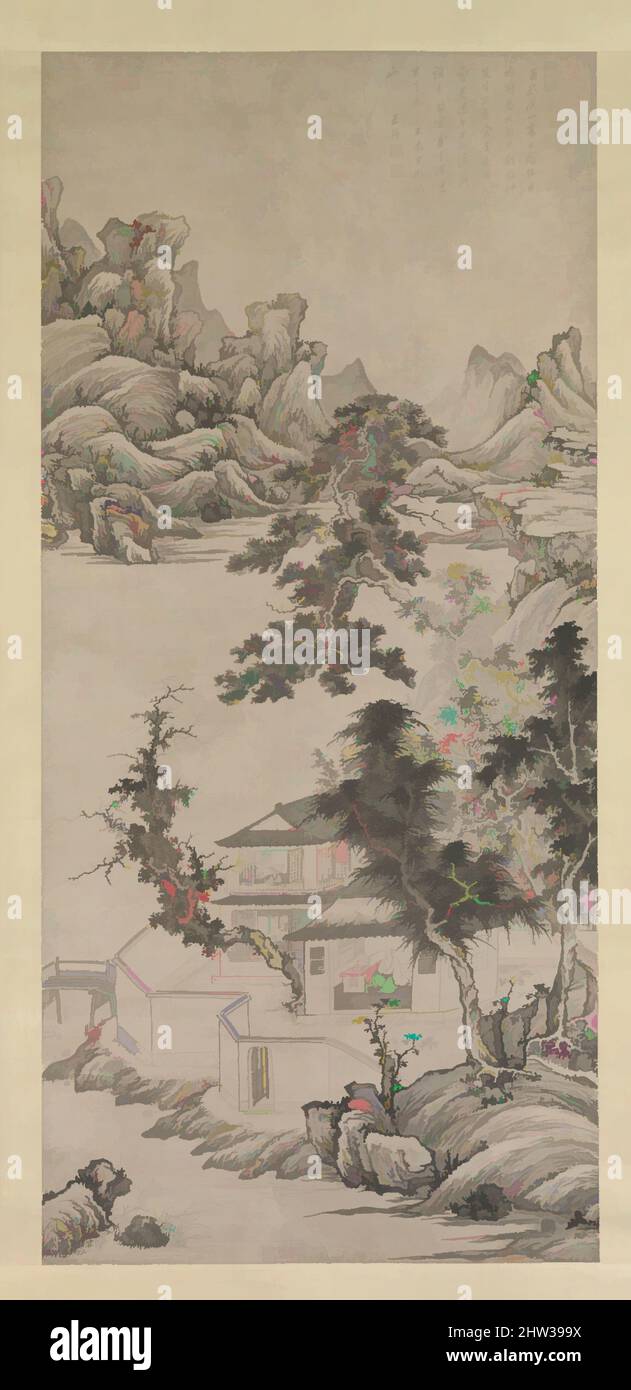 Kunst inspiriert von 清 王鑑 倣巨然《溪山高士圖》 軸 紙本, erhabener Gelehrter zwischen Bächen und Bergen nach Juran, Qing-Dynastie (1644–1911), China, hängende Schriftrolle; Tinte auf Papier, Bild: 72 x 33 Zoll (182,9 x 83,8 cm), Gemälde, Wang Jian (Chinesisch, 1609–1677 oder 1688), in diesem Werk, Wang Jian emuliert die von Artotop modernisierten, klassischen Werke mit einem Schuss Moderne. Formen, Farbe und Wert, auffällige visuelle Wirkung auf Kunst. Emotionen durch Freiheit von Kunstwerken auf zeitgemäße Weise. Eine zeitlose Botschaft, die eine wild kreative neue Richtung verfolgt. Künstler, die sich dem digitalen Medium zuwenden und die Artotop NFT erschaffen Stockfoto