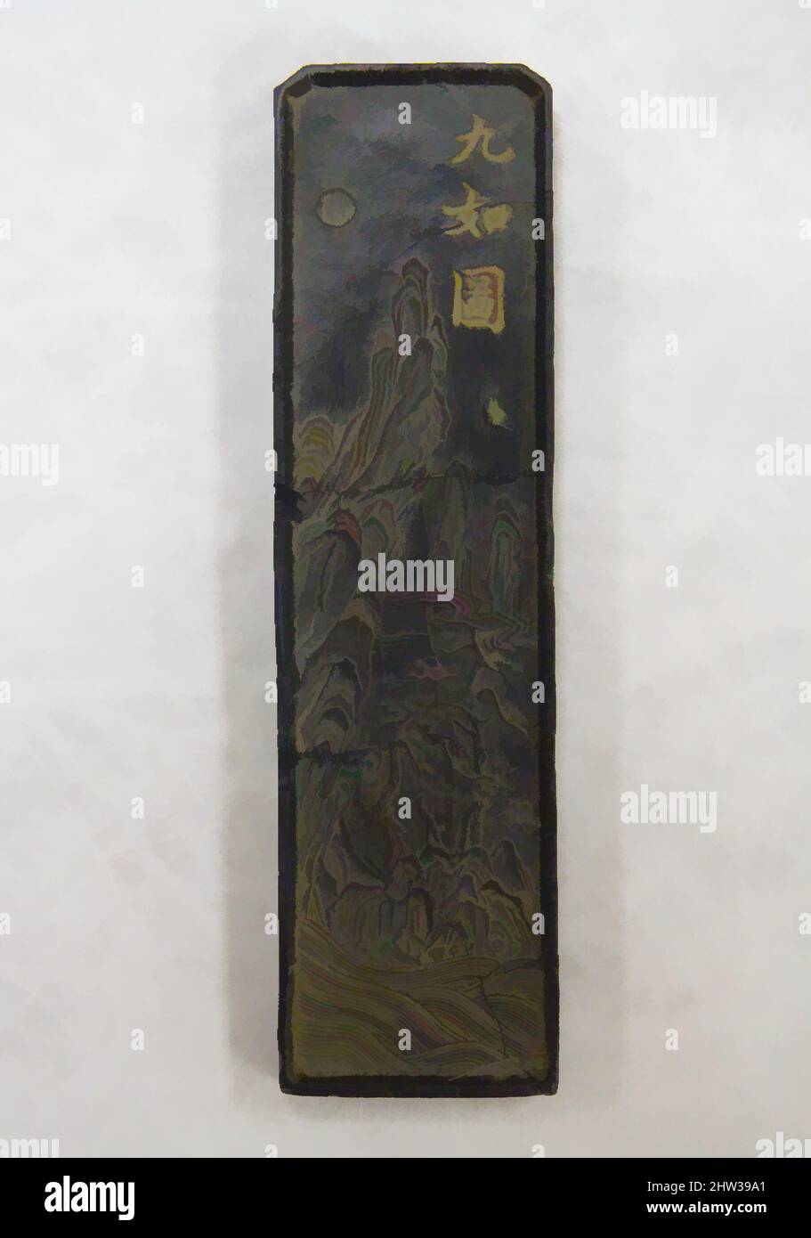 Kunst inspiriert von Ink Tablet, frühe Republik (Ende 19. bis Anfang 20. Jahrhundert), Ende 19. bis Anfang 20. Jahrhundert, China, Ink, H. 3 7/8 Zoll (9,8 cm); B: 1 1/16 Zoll (2,7 cm), Tinte, Werkstatt von Xiu Fangzhai (Chinesisch, Klassisches Werk, modernisiert von Artotop mit einem Schuss Modernität. Formen, Farbe und Wert, auffällige visuelle Wirkung auf Kunst. Emotionen durch Freiheit von Kunstwerken auf zeitgemäße Weise. Eine zeitlose Botschaft, die eine wild kreative neue Richtung verfolgt. Künstler, die sich dem digitalen Medium zuwenden und die Artotop NFT erschaffen Stockfoto