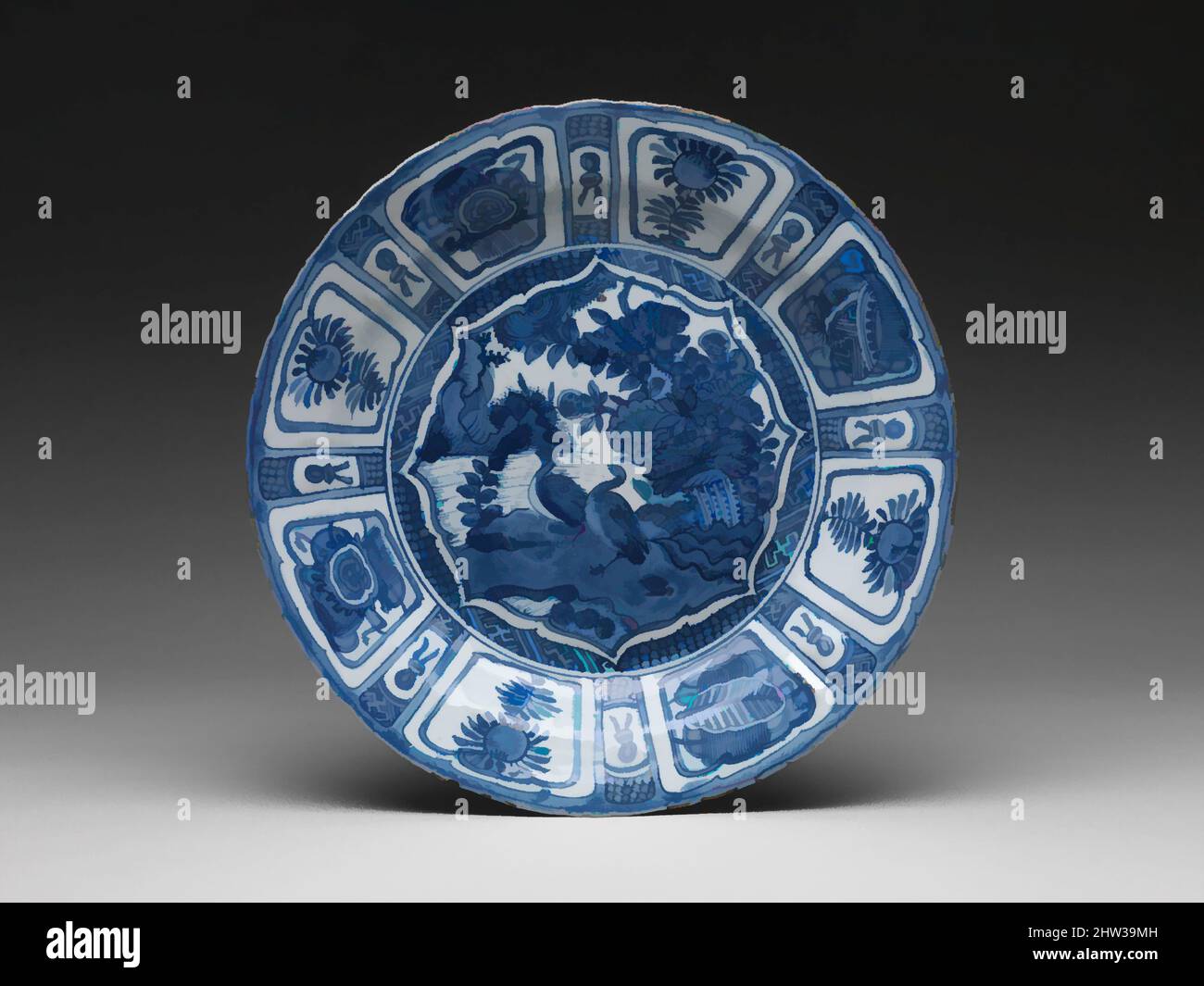 Kunst inspiriert von Teller mit Gänsen in einem Lotusteich, Ming-Dynastie (1368–1644), Wanli-Zeit (1573–1620), Ende 16.–Anfang 17. Jahrhundert, China, Porzellan mit kobaltblauer Farbe unter transparenter Glasur (Jingdezhen-Ware), Durchm. 14 1/4 Zoll (36,2 cm), Keramik, im Volksmund auch als Kraak Ware bekannt, Klassische Werke von Artotop mit einem Schuss Moderne modernisiert. Formen, Farbe und Wert, auffällige visuelle Wirkung auf Kunst. Emotionen durch Freiheit von Kunstwerken auf zeitgemäße Weise. Eine zeitlose Botschaft, die eine wild kreative neue Richtung verfolgt. Künstler, die sich dem digitalen Medium zuwenden und die Artotop NFT erschaffen Stockfoto