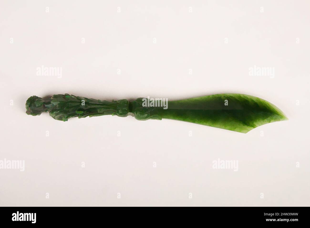 Kunst inspiriert von 法國 十九世紀 玉裁刀, Papiermesser, 1890, Frankreich, Jade (Nephrit), W. 2 3/16 Zoll (5,5 cm); D. 1 5/16 Zoll (3,3 cm); L. 13 7/16 Zoll (34,1 cm), Jade, Berquin-Varangoz-Werkstatt, Klassische Werke, die von Artotop mit einem Schuss Moderne modernisiert wurden. Formen, Farbe und Wert, auffällige visuelle Wirkung auf Kunst. Emotionen durch Freiheit von Kunstwerken auf zeitgemäße Weise. Eine zeitlose Botschaft, die eine wild kreative neue Richtung verfolgt. Künstler, die sich dem digitalen Medium zuwenden und die Artotop NFT erschaffen Stockfoto