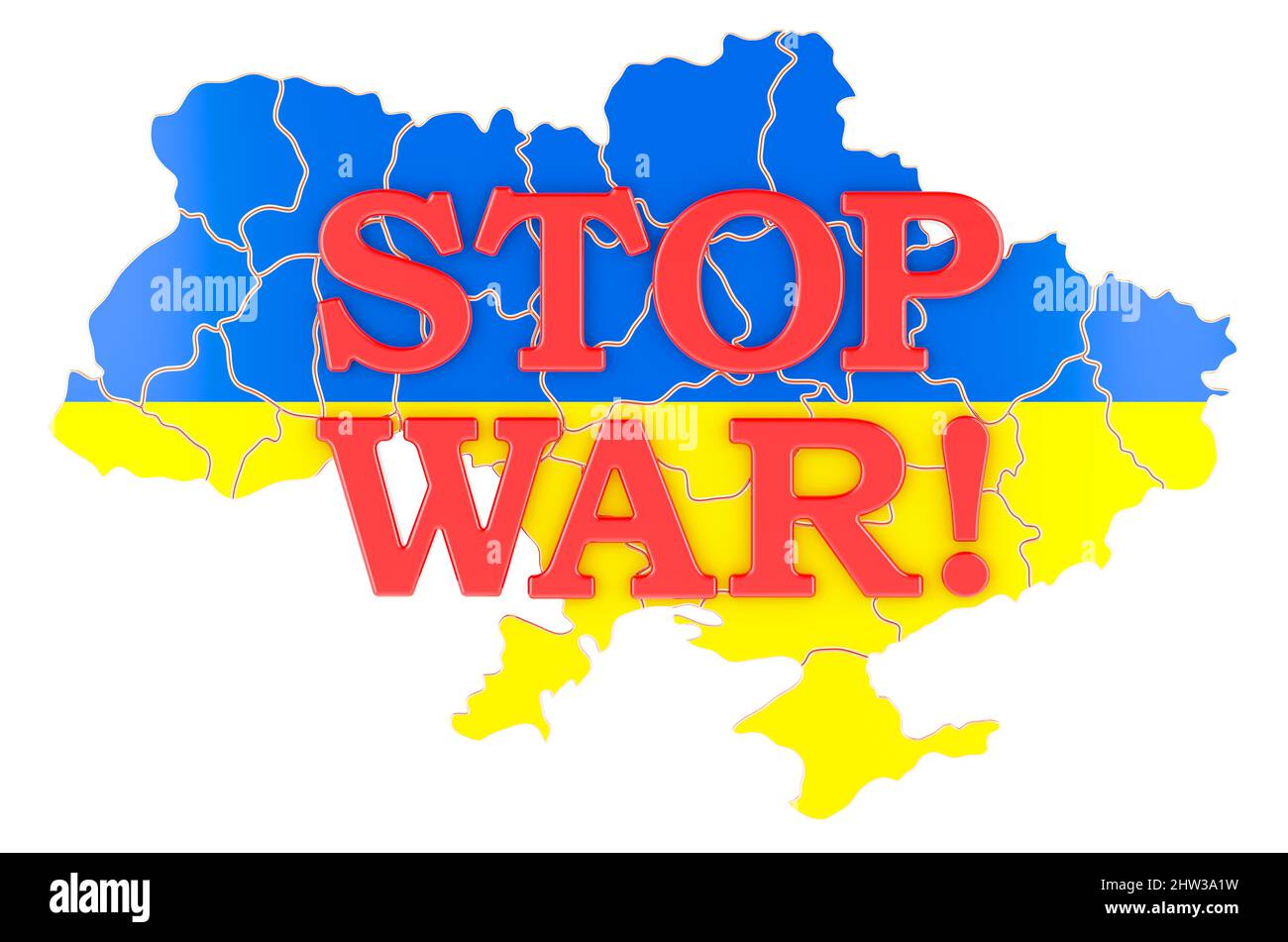 Stop war in Ukraine Konzept, 3D Rendering isoliert auf weißem Hintergrund Stockfoto