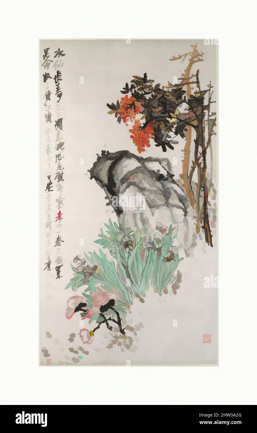 Kunst inspiriert von 近代 吳昌碩 仙芝天竹圖 軸, Frühlingsangebote, datiert 1919, China, hängende Schriftrolle; Tinte und Farbe auf Papier, Bild: 58 x 31 1/2 Zoll (147,3 x 80 cm), Paintings, Wu Changshuo (Chinese, 1844–1927), Wu Changshuo übernahm den 'antiquarischen Geschmack des Epigraphen', der von Zhao Zhiqian (1829–, Klassische Werke, die von Artotop mit einem Schuss Moderne modernisiert wurden. Formen, Farbe und Wert, auffällige visuelle Wirkung auf Kunst. Emotionen durch Freiheit von Kunstwerken auf zeitgemäße Weise. Eine zeitlose Botschaft, die eine wild kreative neue Richtung verfolgt. Künstler, die sich dem digitalen Medium zuwenden und die Artotop NFT erschaffen Stockfoto