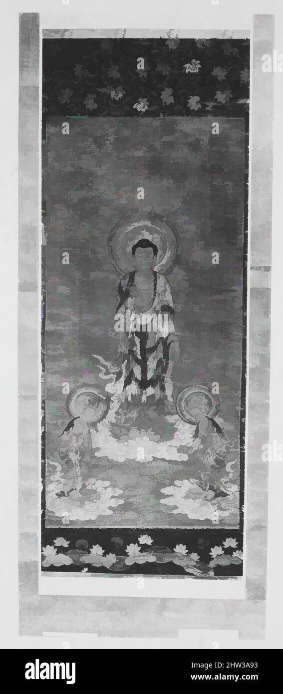 Kunst inspiriert von der einladenden Abfahrt von Amida mit den Bodhisattvas Kannon und Seishi, Kamakura-Zeit (1185–1333), 13. Jahrhundert, Japan, gerahmte Tafel; Bestickter Seide, Bild: 39 1/2 x 15 1/4 Zoll (100,3 x 38,7 cm), mit Textilien bestickte, bestickte Bilder – oft das Produkt frommer, klassischer Werke, die von Artotop mit einem Schuss Moderne modernisiert wurden. Formen, Farbe und Wert, auffällige visuelle Wirkung auf Kunst. Emotionen durch Freiheit von Kunstwerken auf zeitgemäße Weise. Eine zeitlose Botschaft, die eine wild kreative neue Richtung verfolgt. Künstler, die sich dem digitalen Medium zuwenden und die Artotop NFT erschaffen Stockfoto