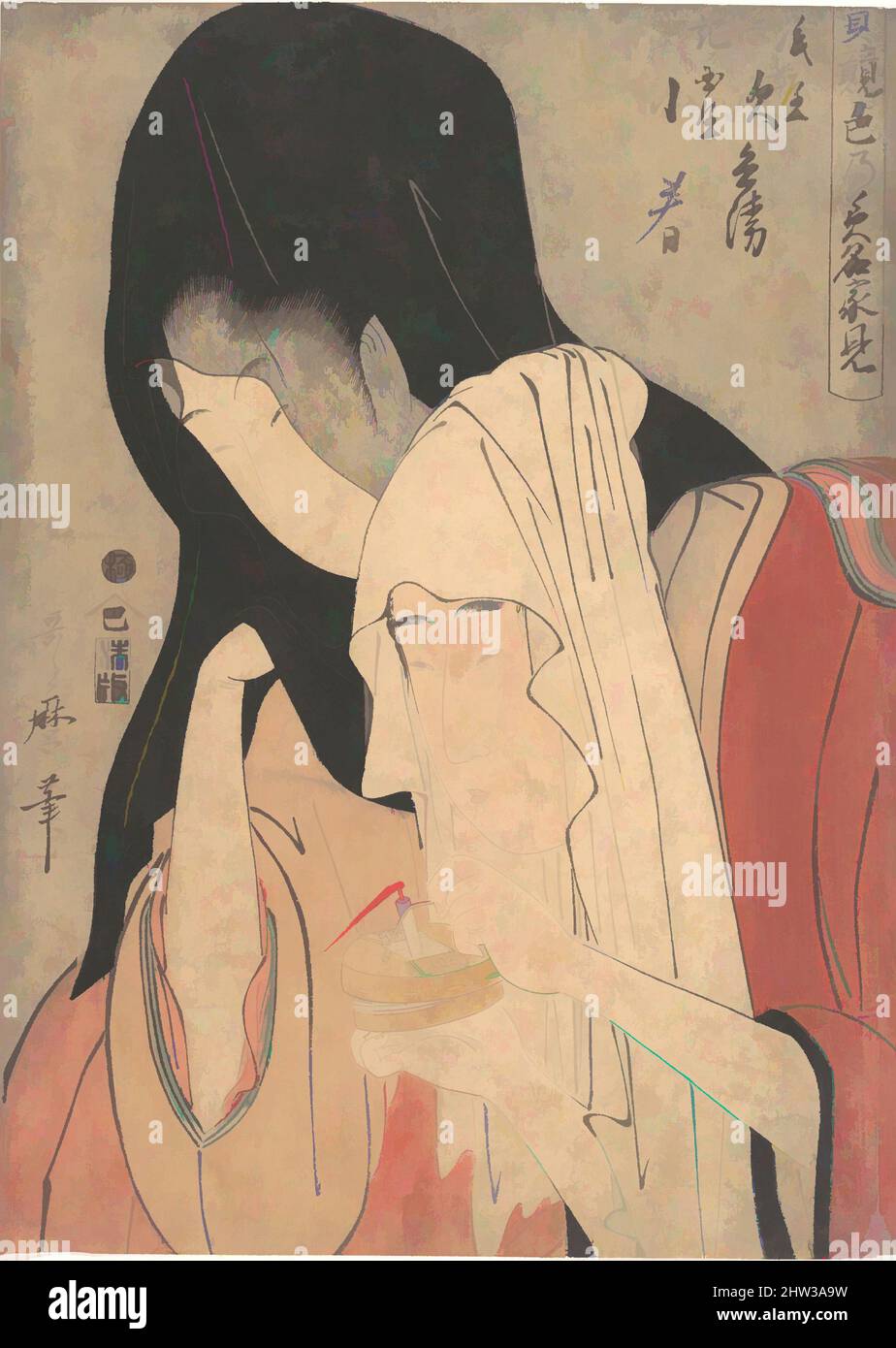 Kunst inspiriert von 実競色乃美名家見 紙屋次兵衛 紀ノ国屋小春, Jihei von Kamiya Eloping mit Koharu von Kinokuniya, Edo-Periode (1615–1868), Anfang 1800s, Japan, Polychromer Holzschnitt; Tinte und Farbe auf Papier, Bild: 13 3/4 x 10 Zoll (34,9 x 25,4 cm), Drucke, Kitagawa Utamaro (japanisch, 1753?–1806, Klassisches Werk, modernisiert von Artotop mit einem Schuss Moderne. Formen, Farbe und Wert, auffällige visuelle Wirkung auf Kunst. Emotionen durch Freiheit von Kunstwerken auf zeitgemäße Weise. Eine zeitlose Botschaft, die eine wild kreative neue Richtung verfolgt. Künstler, die sich dem digitalen Medium zuwenden und die Artotop NFT erschaffen Stockfoto