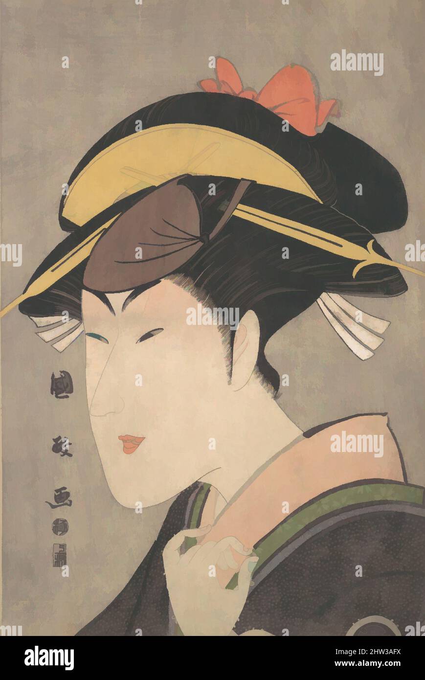 Vom Schauspieler Matumoto Yonesaburō in der Rolle einer Frau inspirierte Kunst, Edo-Zeit (1615–1868), Ende 1790s, Japan, Polychromer Holzschnitt; Tinte und Farbe auf Papier, 14 1/2 x 9 3/4 Zoll (36,8 x 24,8 cm), Drucke, Utagawa Kunimasa (japanisch, 1773–1810), sowohl Kunimasa als auch sein Lehrer Utagawa, Klassisches Werk, das von Artotop mit einem Schuss Moderne modernisiert wurde. Formen, Farbe und Wert, auffällige visuelle Wirkung auf Kunst. Emotionen durch Freiheit von Kunstwerken auf zeitgemäße Weise. Eine zeitlose Botschaft, die eine wild kreative neue Richtung verfolgt. Künstler, die sich dem digitalen Medium zuwenden und die Artotop NFT erschaffen Stockfoto