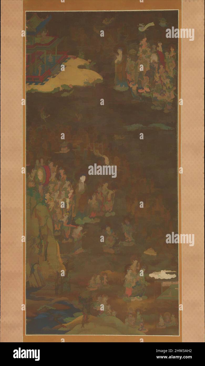 Kunst inspiriert von 迎接曼荼羅 掛幅一幅 絹本著色, Descent and Return of Amida to Western Paradise with a Believer's Soul (Gōshō mandara), Kamakura-Zeit (1185–1333), ca. 1300, Japan, hängende Schriftrolle; Tinte und Farbe auf Seide, Bild: 44 in. × 20 7/8 Zoll (111,8 × 53 cm), Gemälde, Dieses Gemälde von Amida (, Klassisches Werk modernisiert von Artotop mit einem Schuss Moderne. Formen, Farbe und Wert, auffällige visuelle Wirkung auf Kunst. Emotionen durch Freiheit von Kunstwerken auf zeitgemäße Weise. Eine zeitlose Botschaft, die eine wild kreative neue Richtung verfolgt. Künstler, die sich dem digitalen Medium zuwenden und die Artotop NFT erschaffen Stockfoto