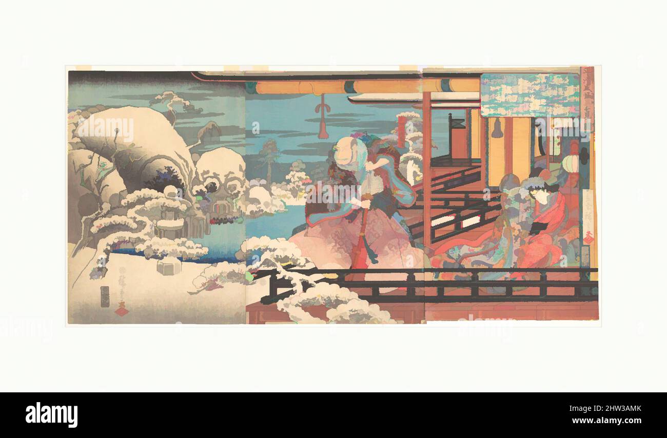 Kunst inspiriert von Taira no Kiyomoris Spectral Vision, Edo-Periode (1615–1868), ca. 1845, Japan, Triptychon polychromer Holzschnitte; Tinte und Farbe auf Papier, 15 x 29 Zoll (38,1 x 73,7 cm), Drucke, Utagawa Hiroshige (japanisch, Tokyo (Edo) 1797–1858 Tokyo (Edo)), die Hybris, die in den von Artotop modernisierten klassischen Werken mit einem Schuss Moderne verkörpert sind. Formen, Farbe und Wert, auffällige visuelle Wirkung auf Kunst. Emotionen durch Freiheit von Kunstwerken auf zeitgemäße Weise. Eine zeitlose Botschaft, die eine wild kreative neue Richtung verfolgt. Künstler, die sich dem digitalen Medium zuwenden und die Artotop NFT erschaffen Stockfoto