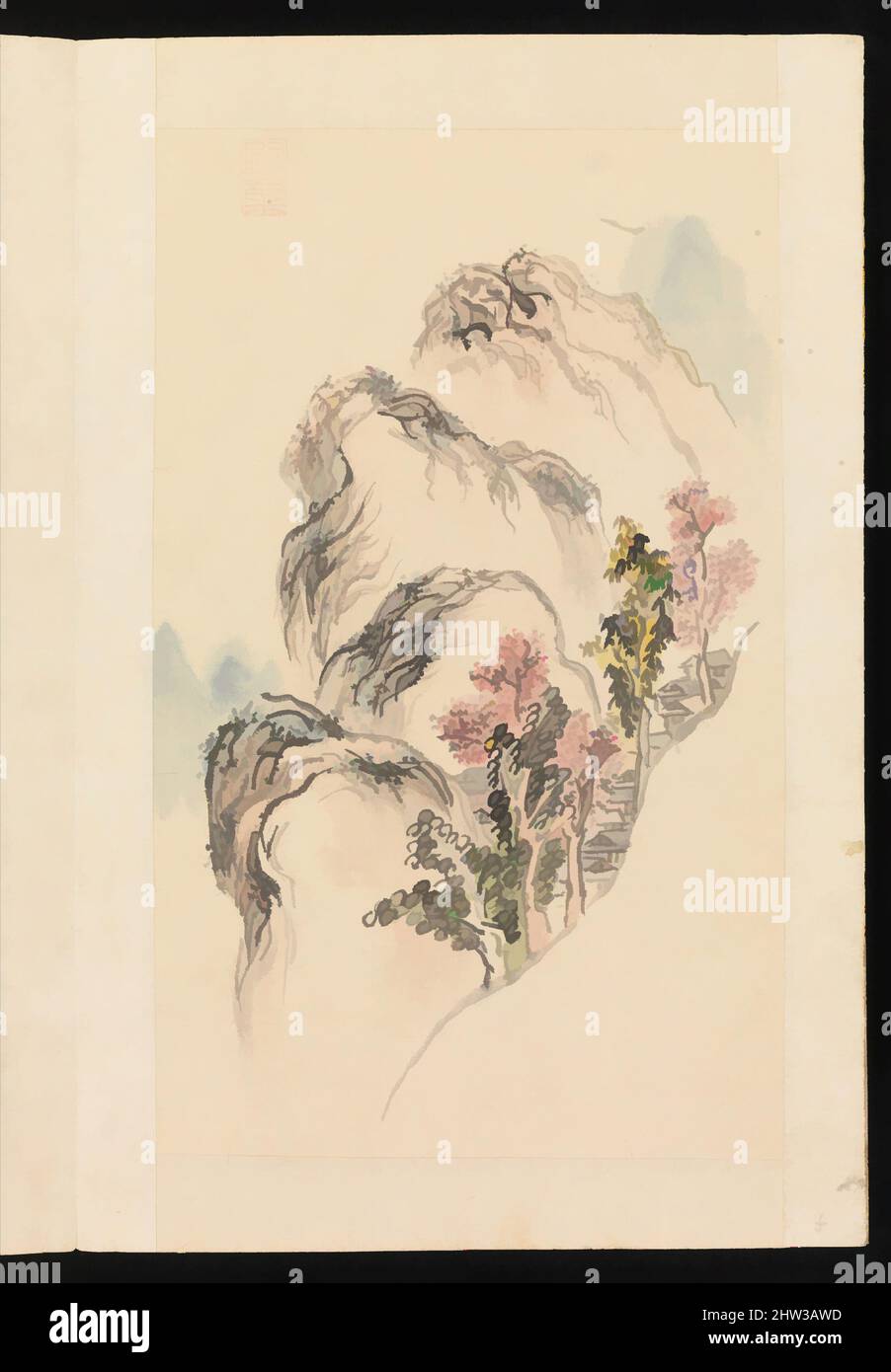 Kunst inspiriert von Album of Landscape Paintings, Edo-Zeit (1615–1868), Ende des 18.. Jahrhunderts, Japan, Album mit vierzehn Gemälden und einer Kalligraphie; Tinte und Farbe auf Papier, Bild (jeweils): 8 7/8 x 5 7/16 Zoll (22,5 x 13,8 cm), Gemälde, Kuwayama Gyokushū (japanisch, 1746–1799), Album, Klassische Werke, die von Artotop mit einem Hauch von Moderne modernisiert wurden. Formen, Farbe und Wert, auffällige visuelle Wirkung auf Kunst. Emotionen durch Freiheit von Kunstwerken auf zeitgemäße Weise. Eine zeitlose Botschaft, die eine wild kreative neue Richtung verfolgt. Künstler, die sich dem digitalen Medium zuwenden und die Artotop NFT erschaffen Stockfoto