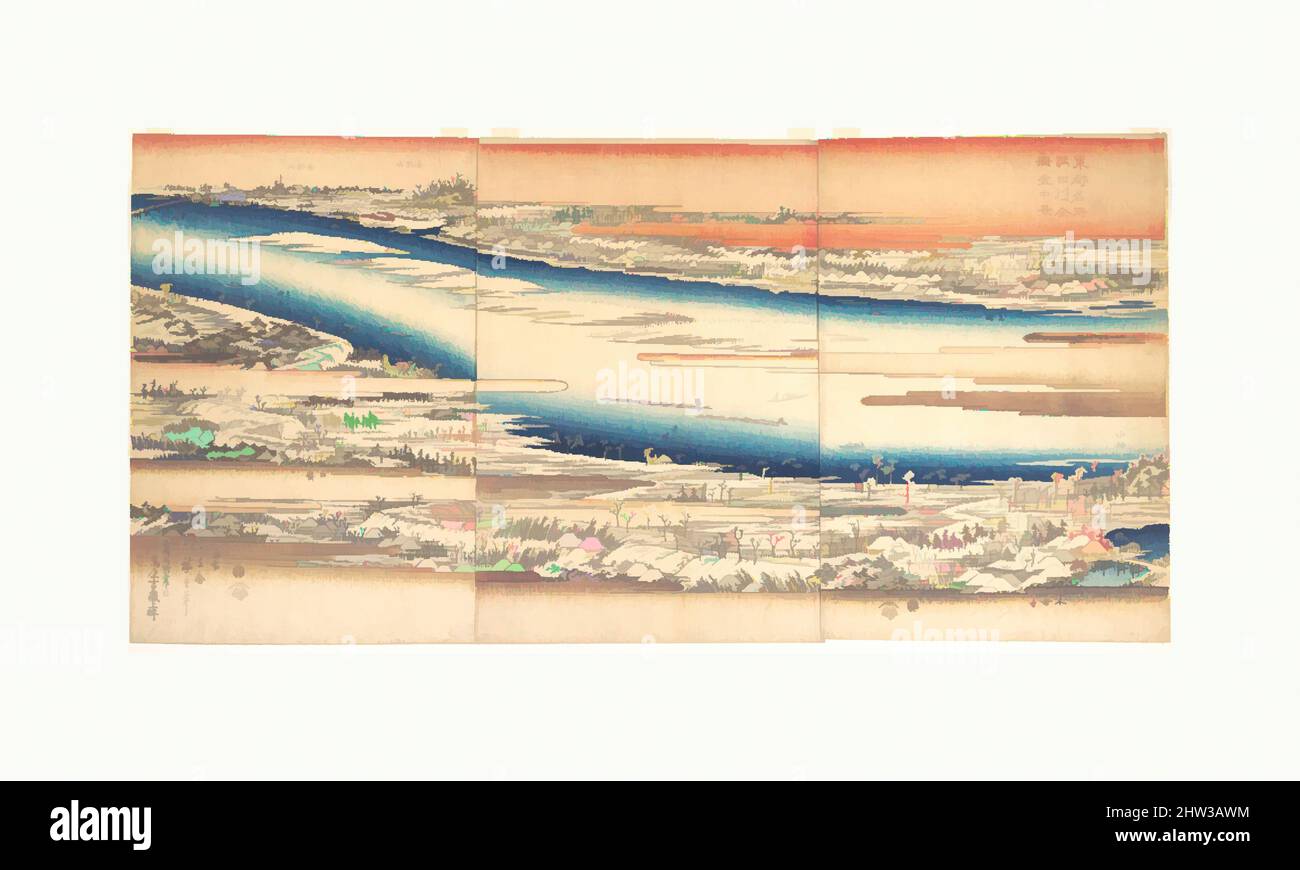 Kunst inspiriert von Toto meisho Sumidagawa zenzu settchukei, 東都名所 隅田川全図雪中景, gefeierte Orte in der östlichen Hauptstadt: Panoramablick auf den Sumida-Fluss im Schnee, Edo-Zeit (1615–1868), ca. 1840, Japan, Triptychon polychromer Holzschnitte; Tinte und Farbe auf Papier, 14 1/2 x 10 Zoll (36,8, Classic Works modernisiert von Artotop mit einem Schuss Moderne. Formen, Farbe und Wert, auffällige visuelle Wirkung auf Kunst. Emotionen durch Freiheit von Kunstwerken auf zeitgemäße Weise. Eine zeitlose Botschaft, die eine wild kreative neue Richtung verfolgt. Künstler, die sich dem digitalen Medium zuwenden und die Artotop NFT erschaffen Stockfoto