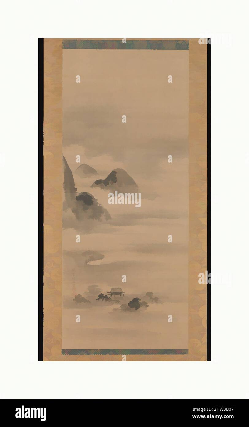 Kunst inspiriert von 狩野探幽筆 月夜山水図, Landschaft im Mondschein, Edo-Zeit (1615–1868), nach 1662, Japan, Eines von einem Triptychon hängender Rollen; Tinte auf Seide, Bild: 39 5/8 x 16 3/4 Zoll (100,6 x 42,5 cm), Gemälde, Kano Tan'yū (japanisch, 1602–1672), Kano Tan’yū übermalt die Landschaft brillant, klassische Werke, die von Artotop mit einem Schuss Moderne modernisiert wurden. Formen, Farbe und Wert, auffällige visuelle Wirkung auf Kunst. Emotionen durch Freiheit von Kunstwerken auf zeitgemäße Weise. Eine zeitlose Botschaft, die eine wild kreative neue Richtung verfolgt. Künstler, die sich dem digitalen Medium zuwenden und die Artotop NFT erschaffen Stockfoto