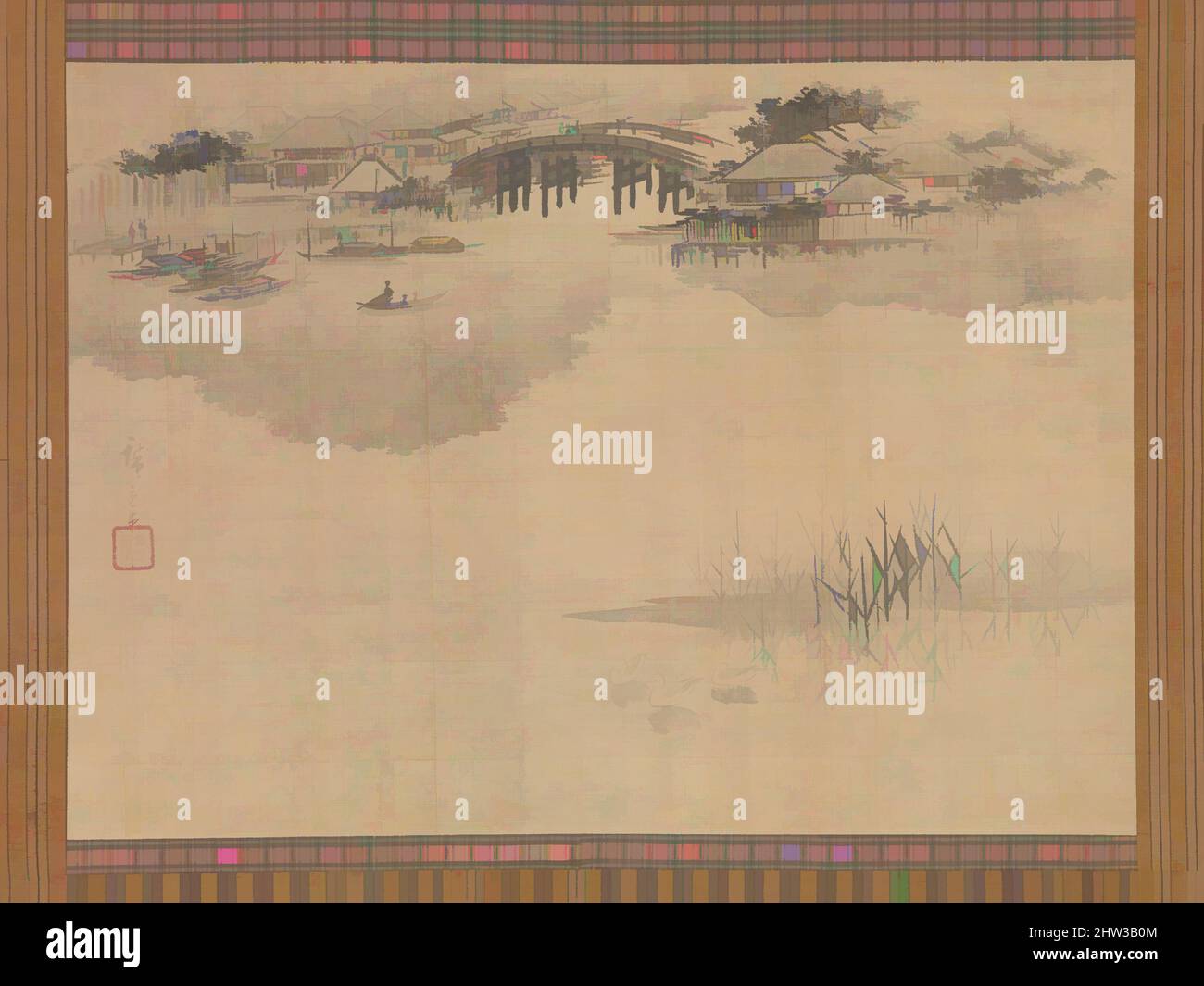 Kunst inspiriert von der Imado-Brücke am Fuße des Mount Matsuchi, Edo-Zeit (1615–1868), 19. Jahrhundert, Japan, hängende Schriftrolle; Tinte und Farbe auf Seide, 16 3/8 x 22 5/8 Zoll (41,6 x 57,5 cm), Gemälde, Utagawa Hiroshige (japanisch, Tokyo (Edo) 1797–1858 Tokyo (Edo)), Hiroshiges große, klassische Werke, die von Artotop mit einem Schuss Moderne modernisiert wurden. Formen, Farbe und Wert, auffällige visuelle Wirkung auf Kunst. Emotionen durch Freiheit von Kunstwerken auf zeitgemäße Weise. Eine zeitlose Botschaft, die eine wild kreative neue Richtung verfolgt. Künstler, die sich dem digitalen Medium zuwenden und die Artotop NFT erschaffen Stockfoto