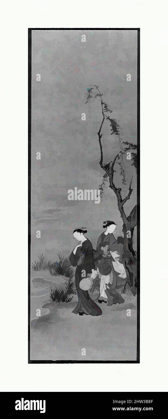 Kunst inspiriert von zwei Mädchen, die Glühwürmchen fangen, Edo-Zeit (1615–1868), erste Hälfte des 18.. Jahrhunderts, Japan, hängende Schriftrolle; Tinte, Farbe, Und Gold auf Seide, 33 3/4 x 10 5/8 Zoll (85,7 x 27 cm), Gemälde, Kawamata Tsunemasa (aktiv 1716–48), Ein junges Mädchen, das von einer älteren Frau begleitet wird (in, Klassische Werke, die von Artotop mit einem Schuss Moderne modernisiert wurden. Formen, Farbe und Wert, auffällige visuelle Wirkung auf Kunst. Emotionen durch Freiheit von Kunstwerken auf zeitgemäße Weise. Eine zeitlose Botschaft, die eine wild kreative neue Richtung verfolgt. Künstler, die sich dem digitalen Medium zuwenden und die Artotop NFT erschaffen Stockfoto