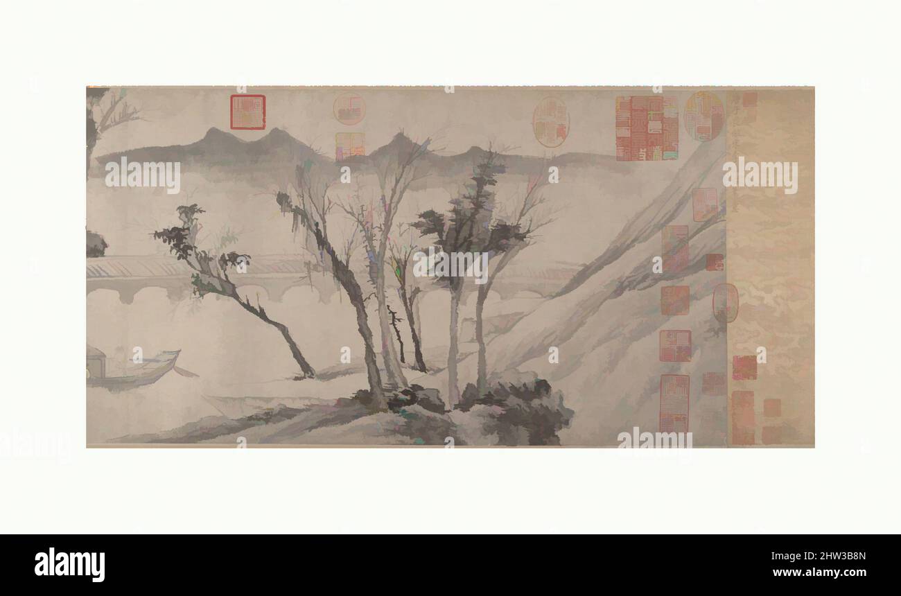 Kunst inspiriert von Abschiedsfeier an der Brücke des hängenden Regenbogens, Ming-Dynastie (1368–1644), ca. 1508, China, Handscroll; Tinte auf Papier, Bild: 11 11/16 x 42 3/8 Zoll (29,7 x 107,6 cm), Gemälde, After Tang Yin (Chinesisch, 1470–1524, Klassisches Werk, modernisiert von Artotop mit einem Schuss Moderne. Formen, Farbe und Wert, auffällige visuelle Wirkung auf Kunst. Emotionen durch Freiheit von Kunstwerken auf zeitgemäße Weise. Eine zeitlose Botschaft, die eine wild kreative neue Richtung verfolgt. Künstler, die sich dem digitalen Medium zuwenden und die Artotop NFT erschaffen Stockfoto