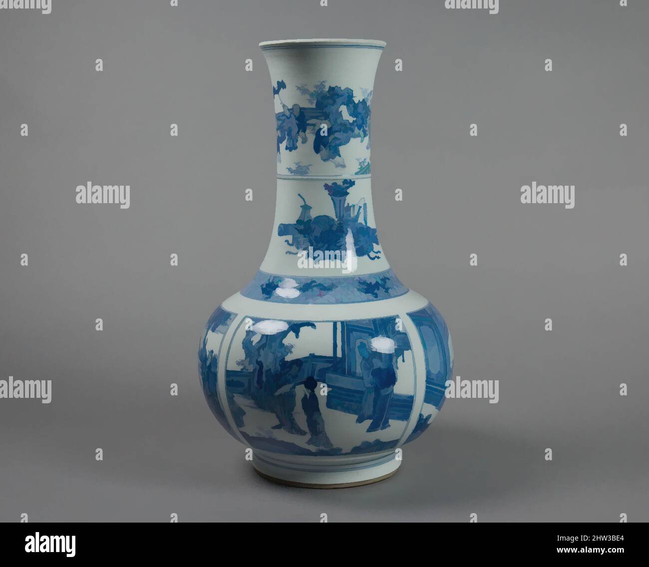 Von 清康熙 景德鎮窯青花西廂記故事圖長頸瓶 inspirierte Kunst, Vase mit Szenen aus der Romantik der Westkammer, Qing-Dynastie (1644–1911), Kangxi-Zeit (1662–1722), Ende des 17.. Jahrhunderts, China, Porzellan in Kobaltblau unter transparenter Glasur (Jingdezhen Ware), H. 15 1/4 in. (38,7 cm); Durchm. 9 Zoll (22,9, Classic Works modernisiert von Artotop mit einem Schuss Moderne. Formen, Farbe und Wert, auffällige visuelle Wirkung auf Kunst. Emotionen durch Freiheit von Kunstwerken auf zeitgemäße Weise. Eine zeitlose Botschaft, die eine wild kreative neue Richtung verfolgt. Künstler, die sich dem digitalen Medium zuwenden und die Artotop NFT erschaffen Stockfoto