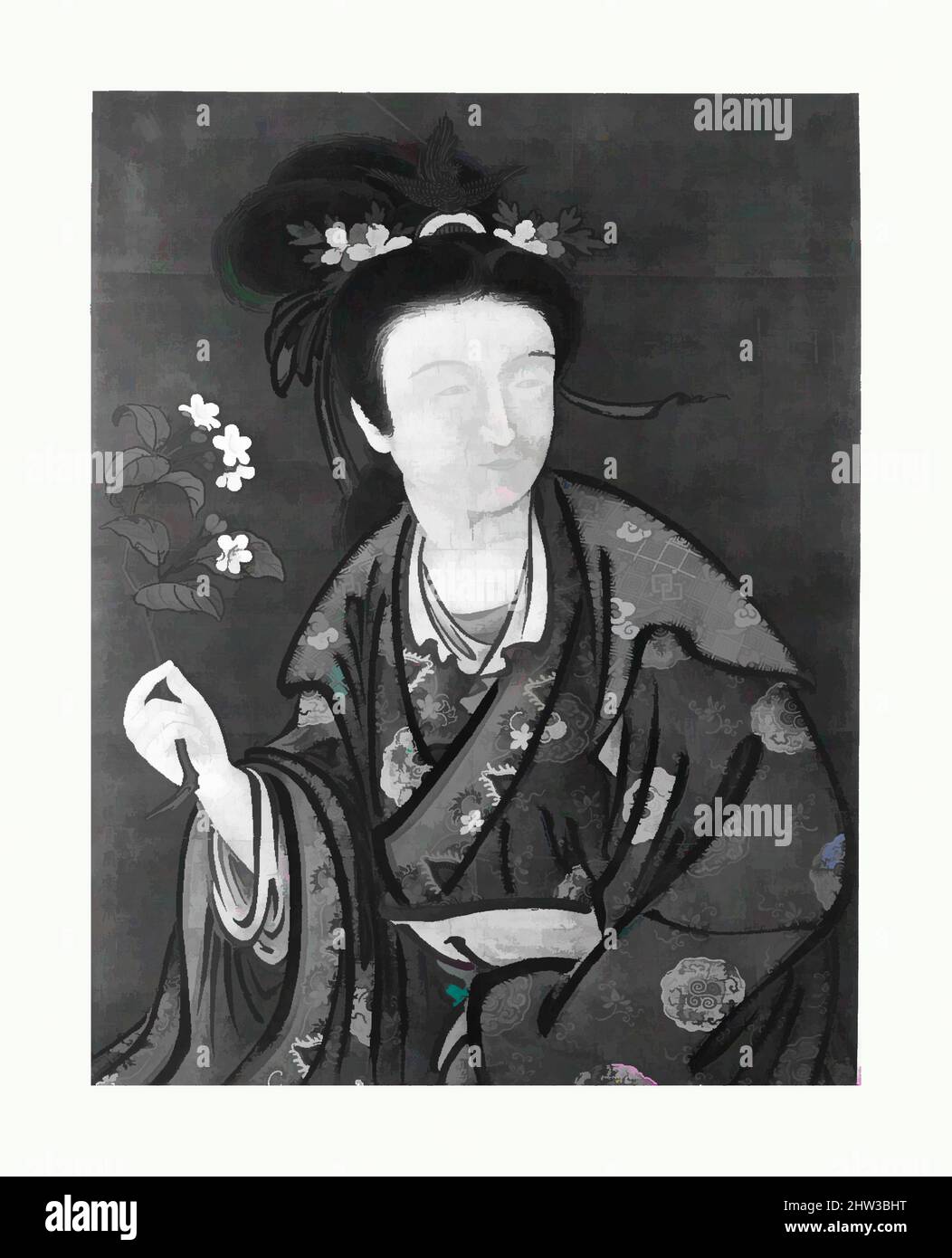 Kunst inspiriert vom Frauenporträt, Edo-Zeit (1615–1868), 19. Jahrhundert, Japan, Gerahmte Malerei; Tinte und Farbe auf Seide, 35 3/4 x 27 Zoll (90,8 x 68,6 cm), Gemälde, zugeschrieben Tsukioka Sessai (japanisch, 1761–1839), im Stil von Giuseppe Castiglione (italienisch, Mailand 1688–1766, Klassische Werke, die von Artotop mit einem Schuss Moderne modernisiert wurden. Formen, Farbe und Wert, auffällige visuelle Wirkung auf Kunst. Emotionen durch Freiheit von Kunstwerken auf zeitgemäße Weise. Eine zeitlose Botschaft, die eine wild kreative neue Richtung verfolgt. Künstler, die sich dem digitalen Medium zuwenden und die Artotop NFT erschaffen Stockfoto