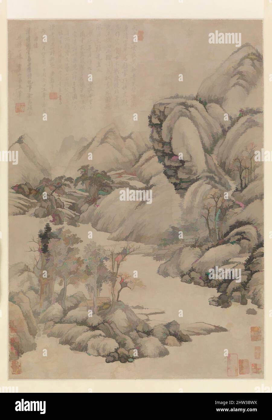 Landschaftskunst: Vorabend des Herbstes, Qing-Dynastie (1644–1911), datiert 1686, China, hängende Schriftrolle; Tinte auf Papier, Bild: 22 1/2 x 16 Zoll (57,2 x 40,6 cm), Gemälde, nicht identifizierter Künstler, nach Wang Hui (Chinesisch, 1632–1717, Klassische Werke, die von Artotop mit einem Schuss Moderne modernisiert wurden. Formen, Farbe und Wert, auffällige visuelle Wirkung auf Kunst. Emotionen durch Freiheit von Kunstwerken auf zeitgemäße Weise. Eine zeitlose Botschaft, die eine wild kreative neue Richtung verfolgt. Künstler, die sich dem digitalen Medium zuwenden und die Artotop NFT erschaffen Stockfoto