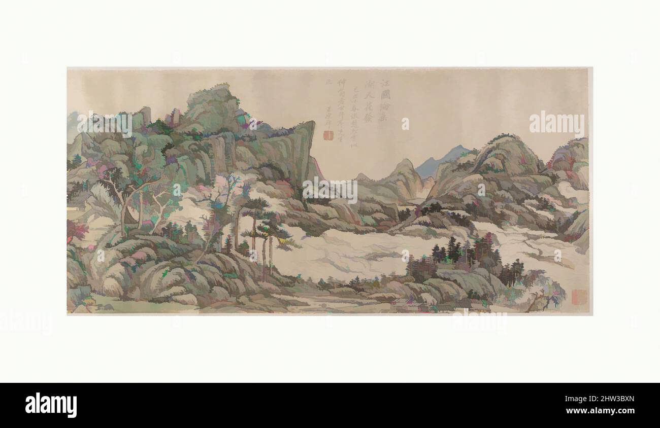 Kunst inspiriert von 清, 王原祁, 江國垂綸圖, 卷, Angeln im Flussland zur Blossom Time, Qing-Dynastie (1644–1911), datiert 1709, China, Handscroll; Tinte und Farbe auf Papier, 10 1/4 x 57 1/2 Zoll (26 x 146,1 cm), Gemälde, Wang Yuanqi (Chinesisch, 1642–1715), der jüngste der „vier Wangs“, Wang Yuanqi, Klassisches Werk, das von Artotop mit einem Schuss Moderne modernisiert wurde. Formen, Farbe und Wert, auffällige visuelle Wirkung auf Kunst. Emotionen durch Freiheit von Kunstwerken auf zeitgemäße Weise. Eine zeitlose Botschaft, die eine wild kreative neue Richtung verfolgt. Künstler, die sich dem digitalen Medium zuwenden und die Artotop NFT erschaffen Stockfoto