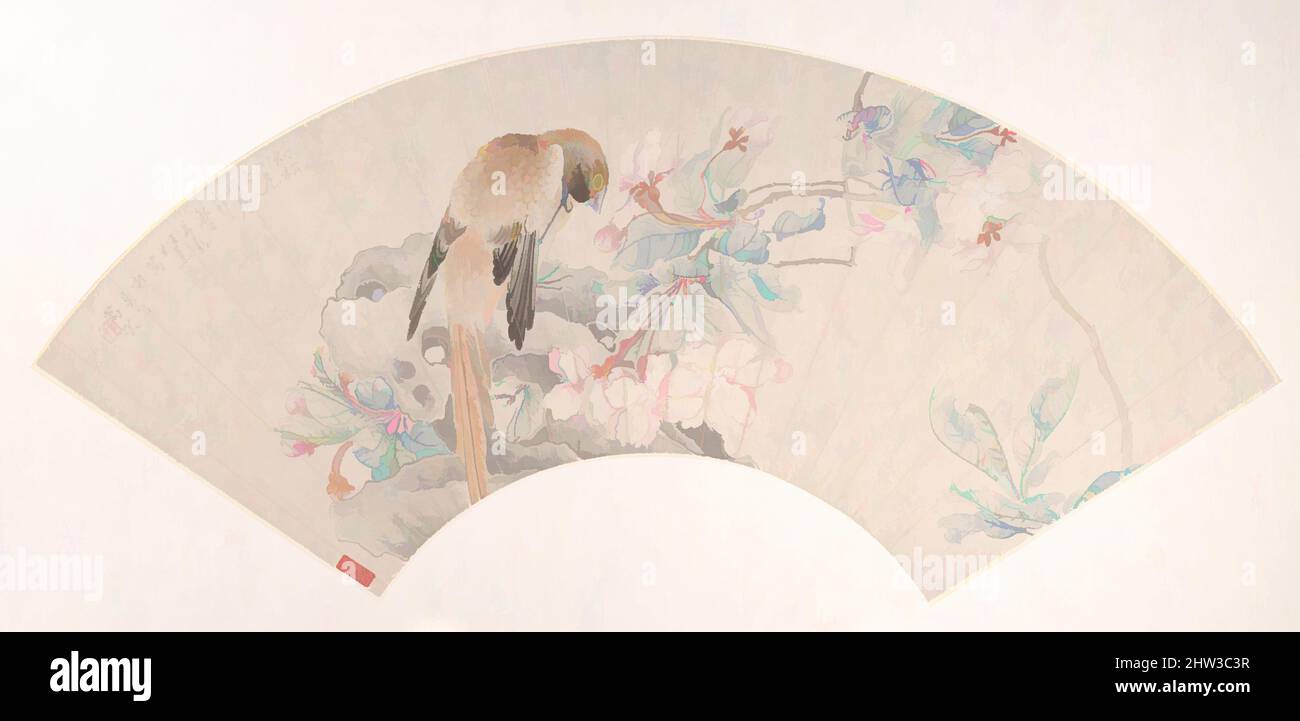 Art inspired by 清, 任薰, 海棠小鳥, 扇面, Bird on a Rock by a Flowering Branch, Qing Dynasty (1644–1911), dated 1879, China, Faltfächer montiert als Albumblatt; Tusche und Farbe auf Alaun-Papier, 7 x 20 7/8 Zoll (17,8 x 53,0 cm), Gemälde, Ren Xun (chinesisch, 1835–1893), Ren Xun malte dieses zarte, von Artotop modernisierte klassische Werk mit einem Schuss Modernität. Formen, Farbe und Wert, auffällige visuelle Wirkung auf Kunst. Emotionen durch Freiheit von Kunstwerken auf zeitgemäße Weise. Eine zeitlose Botschaft, die eine wild kreative neue Richtung verfolgt. Künstler, die sich dem digitalen Medium zuwenden und die Artotop NFT erschaffen Stockfoto