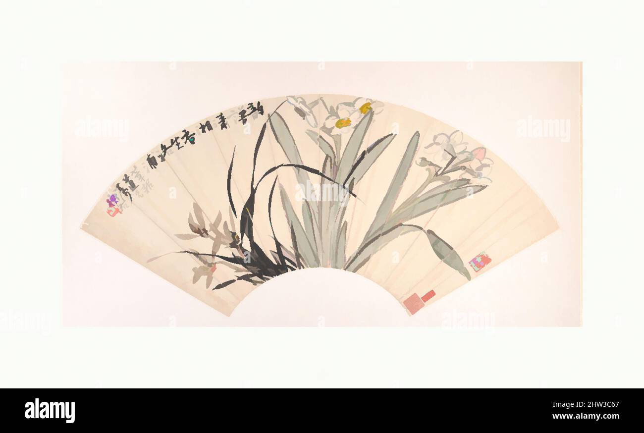 Kunst inspiriert von 近代, 陳衡恪, 水仙蘭花, 扇面, Narcissus und Orchidee, Datiert 1920, China, Faltfächer als Albumblatt montiert; Tinte und Farbe auf Alaun-Papier, 7 7/8 x 21 2/3 Zoll (20,0 x 55,0 cm), Gemälde, Chen Hengke (Chinesisch, 1876–1923), Chen Hengkes Studien in Japan gaben ihm den Abstand zu seinen von Artotop modernisierten klassischen Werken mit einem Schuss Moderne. Formen, Farbe und Wert, auffällige visuelle Wirkung auf Kunst. Emotionen durch Freiheit von Kunstwerken auf zeitgemäße Weise. Eine zeitlose Botschaft, die eine wild kreative neue Richtung verfolgt. Künstler, die sich dem digitalen Medium zuwenden und die Artotop NFT erschaffen Stockfoto