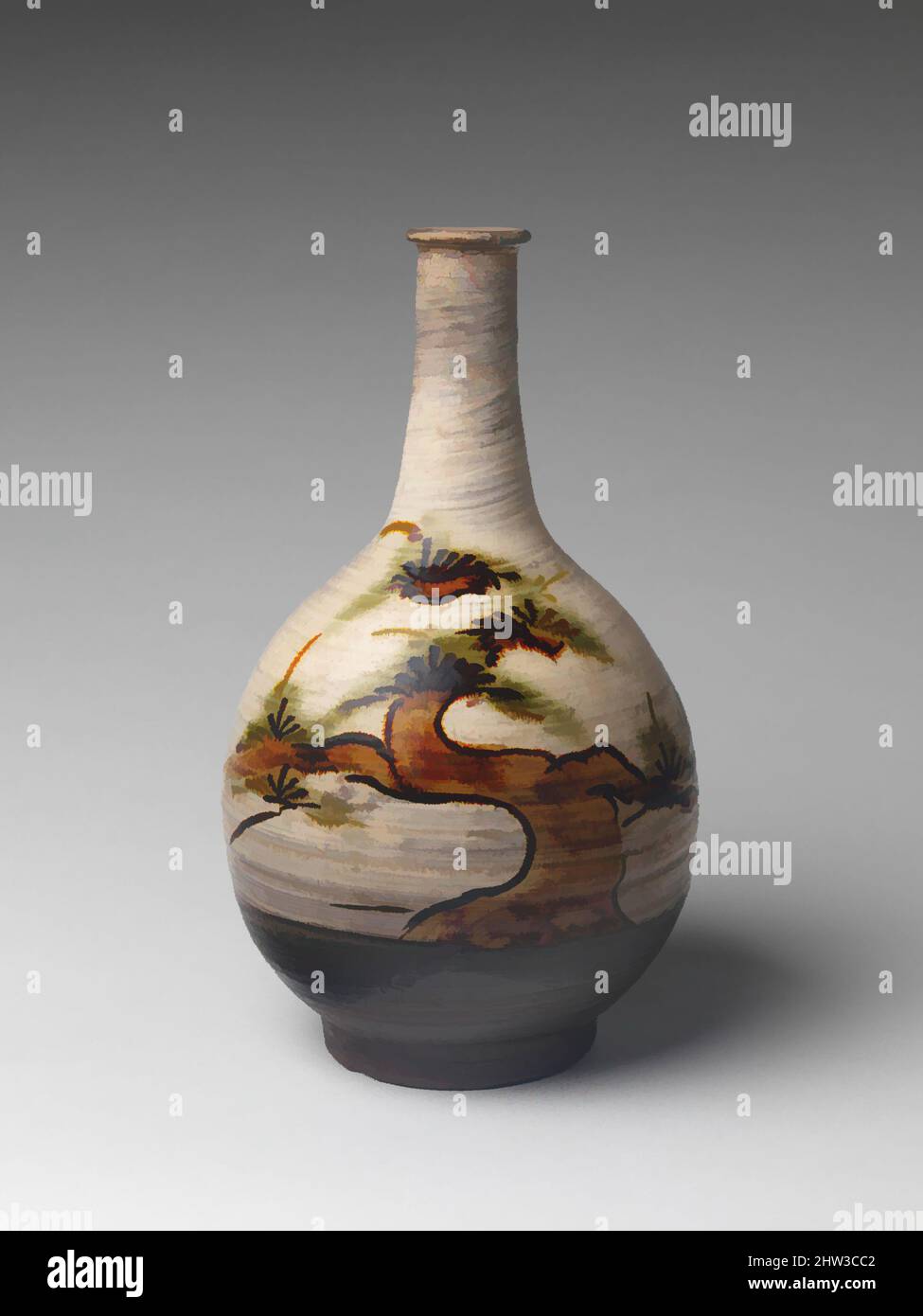 Kunst inspiriert von Flasche mit Dekoration von Kiefer, Edo-Periode (1615–1868), ca. Mitte des 17.. Jahrhunderts, Japan, Steinzeug mit eisenbemaltem Design und kupfergrüner Glasur auf gebürstetem weißem Slip (Takeo Caratsu-Ware), H. 13 Zoll (33 cm); Durchm. 7 1/2 Zoll (19,1 cm), Keramik, Diese robuste Flasche, Classic Works modernisiert von Artotop mit einem Schuss Moderne. Formen, Farbe und Wert, auffällige visuelle Wirkung auf Kunst. Emotionen durch Freiheit von Kunstwerken auf zeitgemäße Weise. Eine zeitlose Botschaft, die eine wild kreative neue Richtung verfolgt. Künstler, die sich dem digitalen Medium zuwenden und die Artotop NFT erschaffen Stockfoto