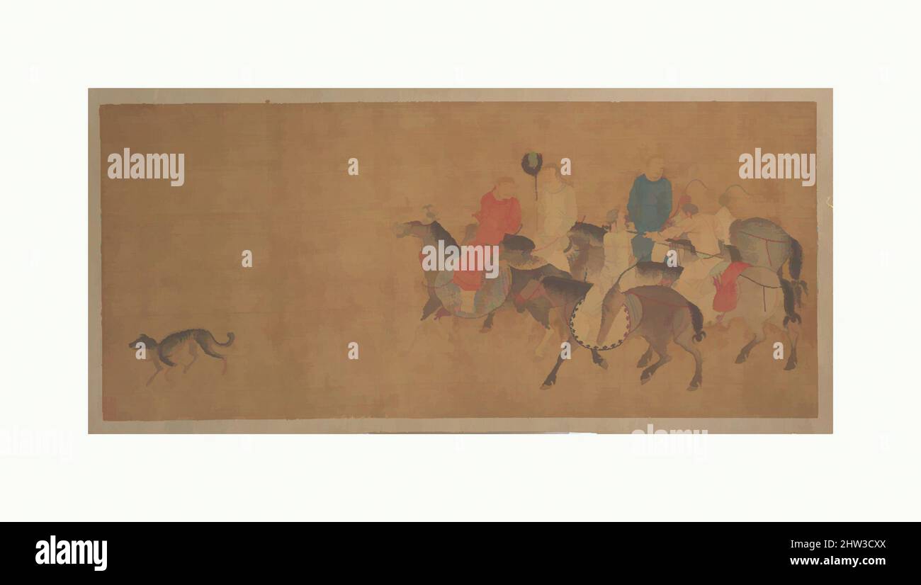 Kunst inspiriert von Reitern mit Hund, Ming-Dynastie (?) (1368–1644), China, Malerei; Tinte und Farbe auf Seide, Bild: 10 × 23 in. (25,4 × 58,4 cm), Gemälde, nicht identifizierter Künstler, ehemals Gessen zugeschrieben (1721–1809, Klassisches Werk, das von Artotop mit einem Schuss Moderne modernisiert wurde. Formen, Farbe und Wert, auffällige visuelle Wirkung auf Kunst. Emotionen durch Freiheit von Kunstwerken auf zeitgemäße Weise. Eine zeitlose Botschaft, die eine wild kreative neue Richtung verfolgt. Künstler, die sich dem digitalen Medium zuwenden und die Artotop NFT erschaffen Stockfoto